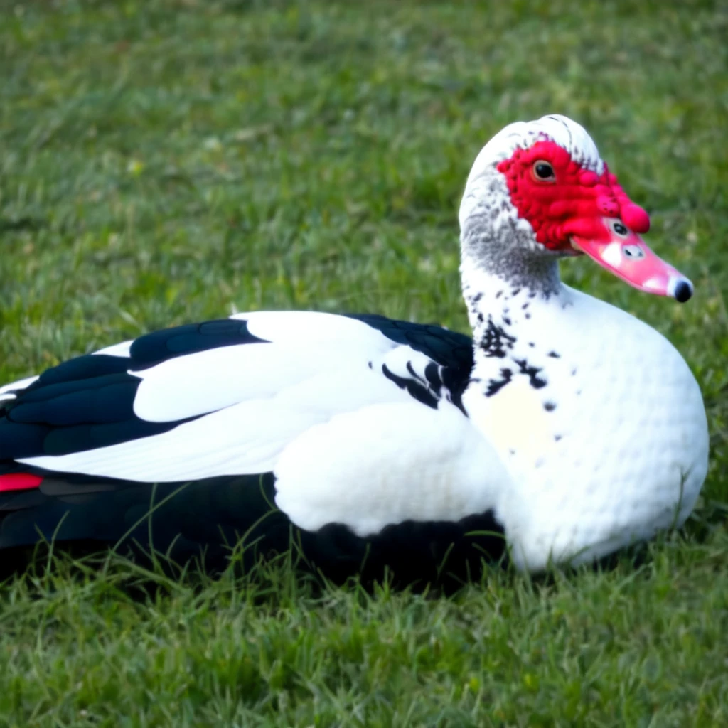 <lora:Muscovy_duck_v1:0.7>, Muscovy duck, from side, on grass,