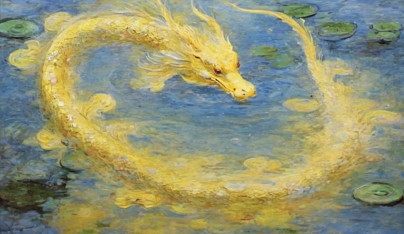 impressionism of (Koi fish surrounding a dragon with ( friendly expression:1.2)), full body, open mouth, (flying over the urban landscape:1.2), (solo:1.1),
splashing water droplets,
(Oriental flat decor style:1.2), oil painting, colorful decorations,
in Summer,
BREAK, Yellow theam,
BREAK, Fisheye Lens Effectï¼
<lora:dragon-000006:0.7>,<lora:Impressionism-000008:0.5>
