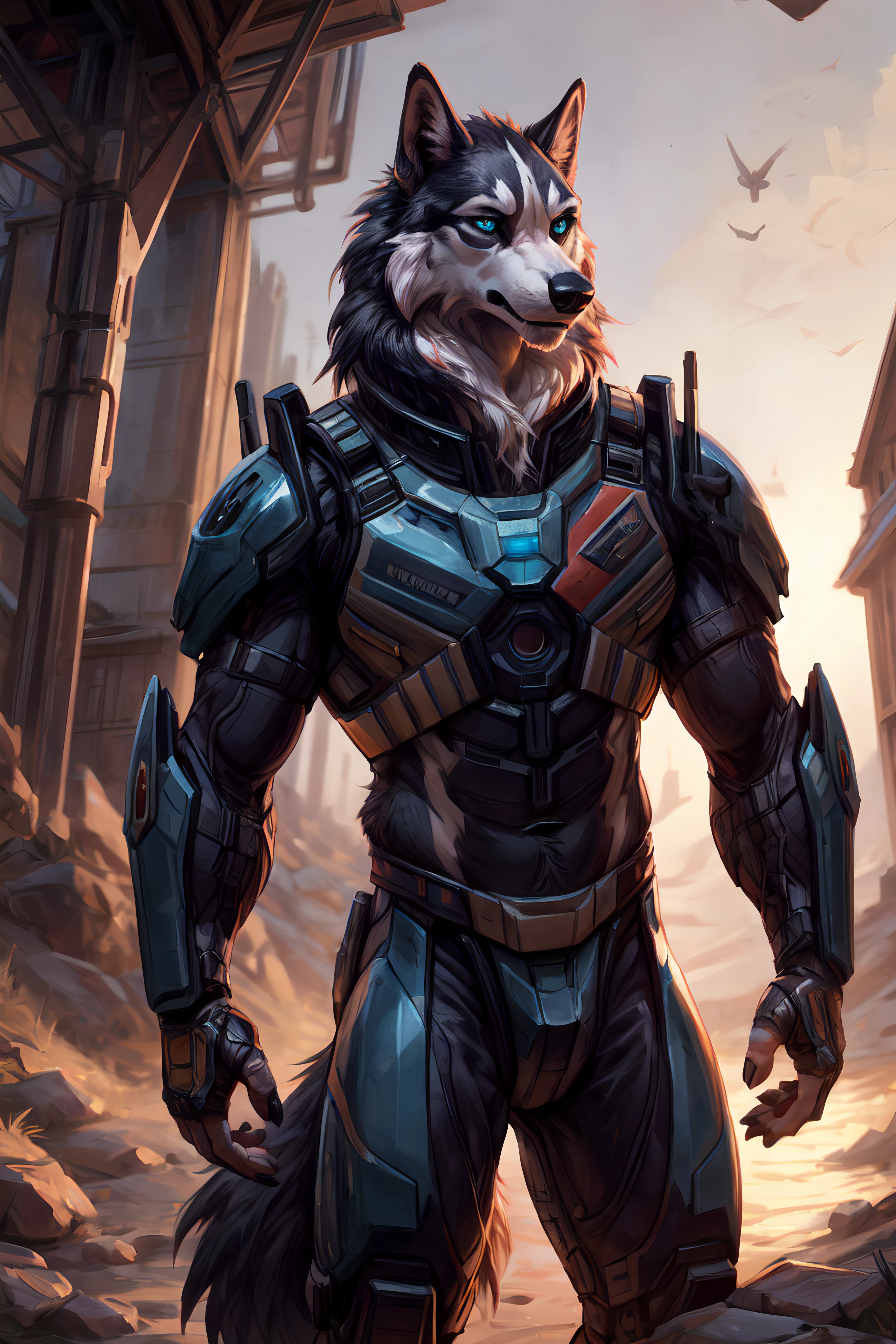 solo,  wolf, ((sci-fi armor, cyborg)), full body shot, looking at viewer, raised tail, sci-fi background, male, anatomically correct, ((symmetrical)), detailed background, masterpiece, best quality, by hioshiru, snowskau, foxovh, by Enki Bilal, Michael & Inessa Garmash, Ruan Jia, Pino Daeni, <lora:somune (1):0.5>