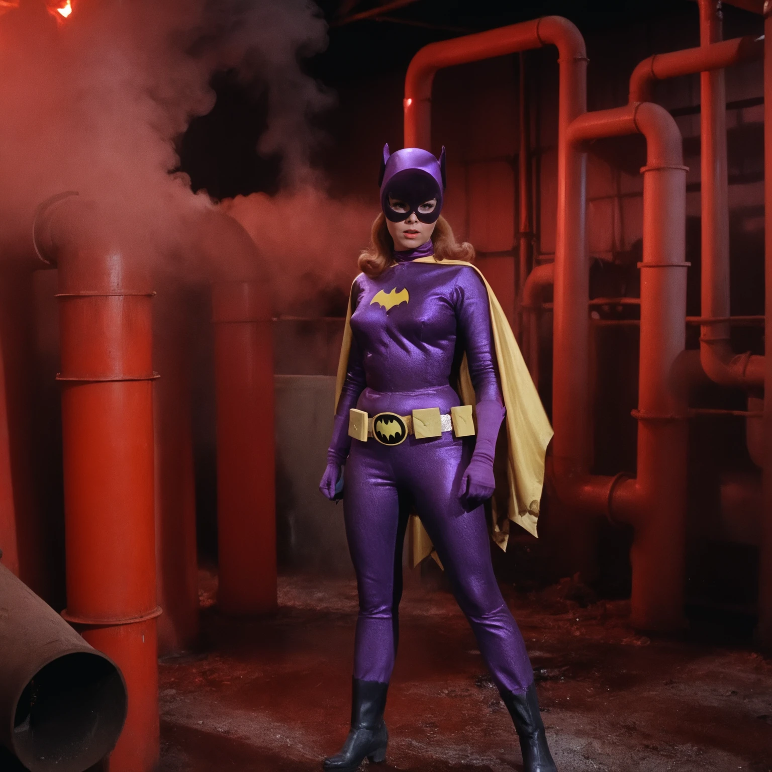 yvonne craig woman, fighting stance inside a toxic waste factory, smoke, red lights, pipes  <lora:batgirl-v3:0.7>