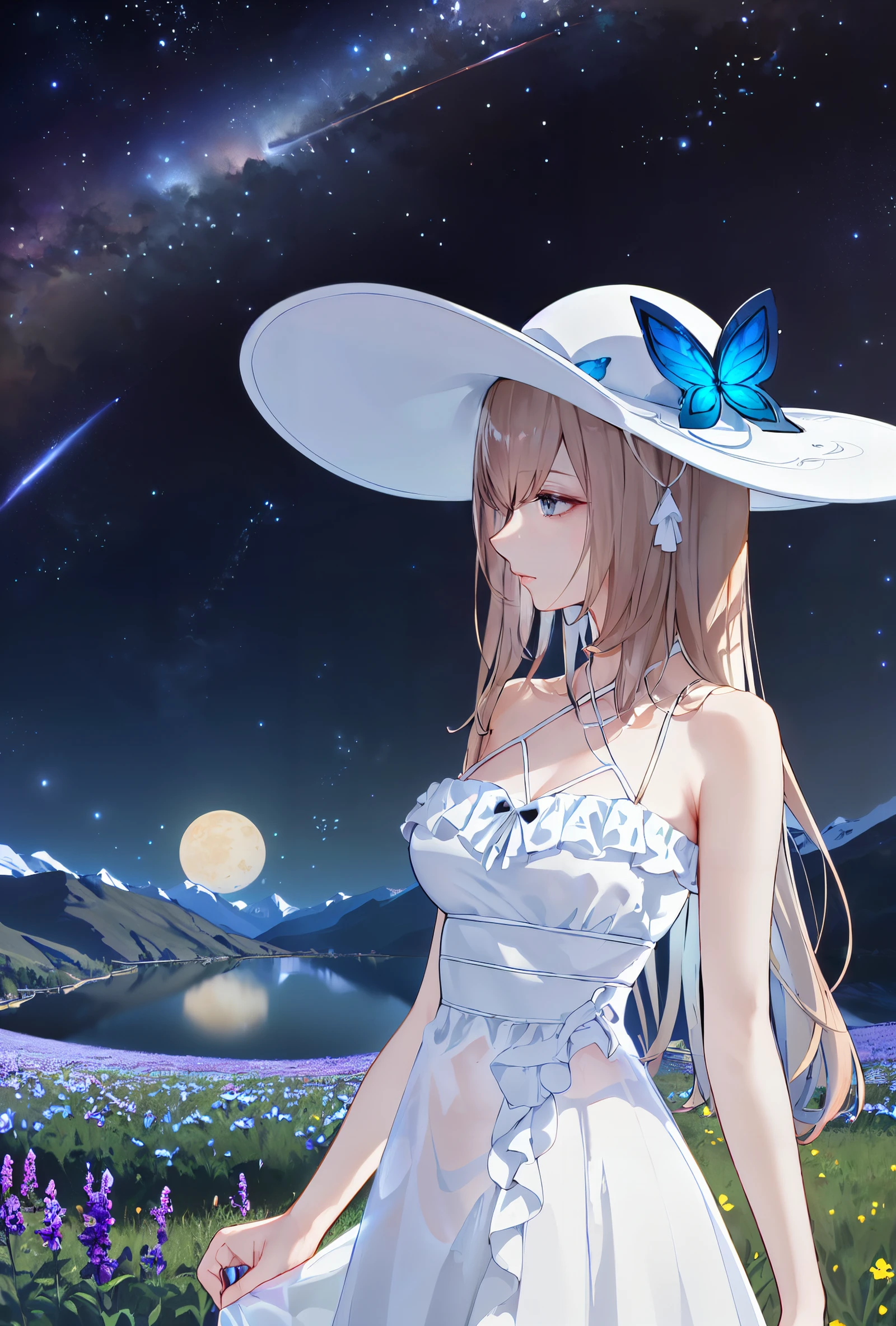 (Masterpiece, best quality,),8k wallpaper,UHD,extra detailed,great view,alpine,looking away,lake,flower field,landscape,wavy,night sky,star sky,galaxy,planet on the sky,
[jumping|sleeping|wariza|cowboy shot|standing|dancing],
<lora:nai3lora-000012:0.3>,nai3,
<lora:abyz-v100:0.8:lbw=OUTALL>,abyz,see-through dress,1girl,hat,breasts,long hair,dress,butterfly,grey eyes,
(beautiful_face),((intricate_detail)),clear face,
((finely_detailed)),fine_fabric_emphasis,
((glossy)),