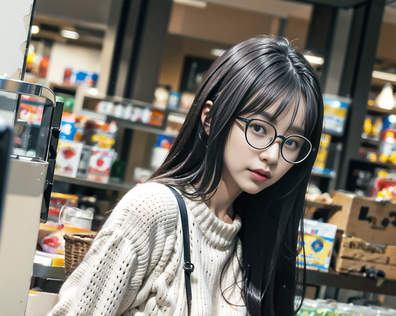 (best quality:1.5), (realistic:1.2), photo, extra close-up, 1girl, black hair, bangs, (skin pores:1.2), (texture skin), megane, sweater, sleeve over wrick, len f1.5 300mm, RAW photography, (bokeh), in a shopping mall, heavy grain <lora:glasses-classicblackframe:0.9> <lora:japan-vibes-film-color:0.5>