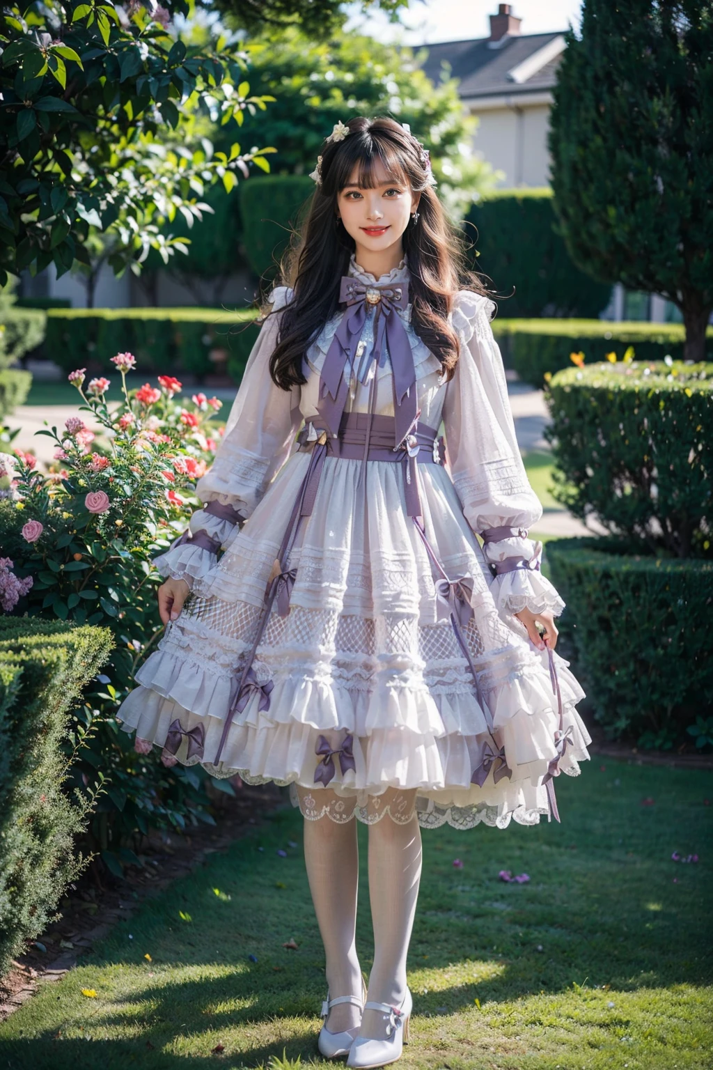 best quality, masterpiece, realistic, photorealistic, 1girl, solo, looking at viewer, light smile, full body, standing, long hair, black hair, bangs, purple dress, cyb dress, frilled dress, layered dress, frills, bow, ribbon, long sleeves, white pantyhose, high heels, in garden, flower, tree, <lora:lo_dress_vol3_style1_v1:0.7>