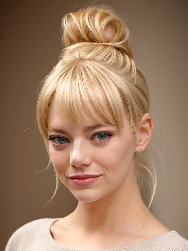 emst,blonde ponytail with bangs,close-up,city street,sweater,bokeh,masterpiece,soft lighting, detailed skin and pores