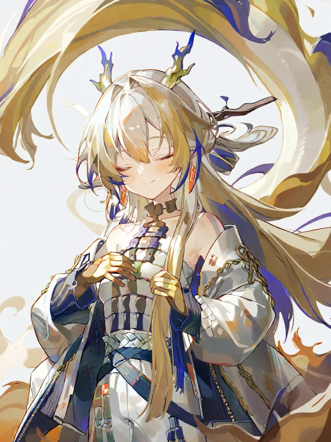 (1girl:1.2),(solo:1.2),masterpiece,best quality,highly detailed,best quality,illustration,highres,extremely detailed wallpaper,anime screencap,third-party edit,nice hands,perfect hands,
<lora:ShuLoraXL:0.9>,dragon horns,long hair,multicolored hair,blonde hair,(white background:1.2),slight smile,closed eyes,hand on chest,from below,