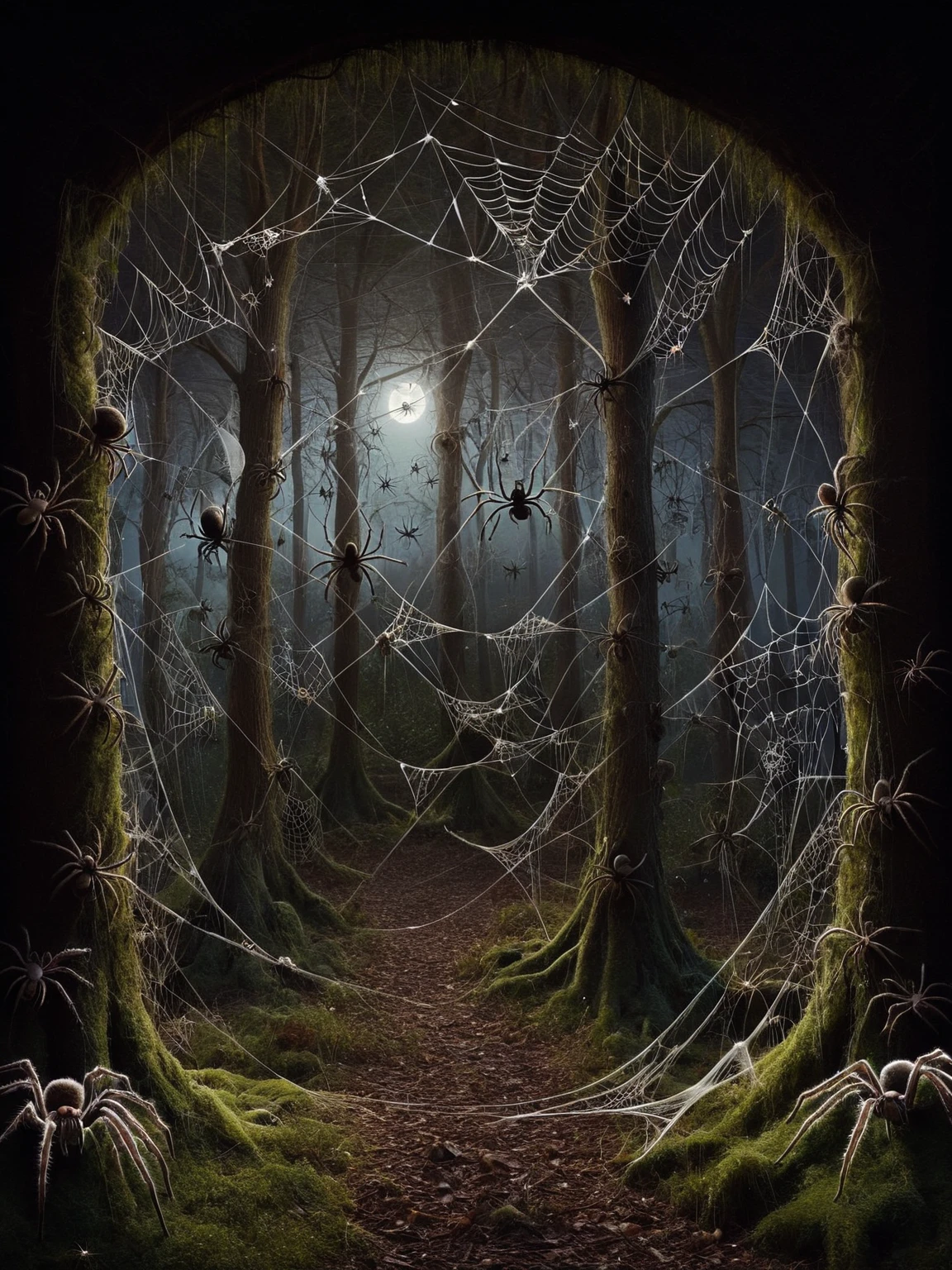 An enchanted forest scene, where ancient trees and mystical creatures are entwined in elaborate ais-spiderz webs, shimmering under the moonlight, adding a magical yet slightly ominous touch to the woodland <lora:Spiders_Style_SDXL:1>