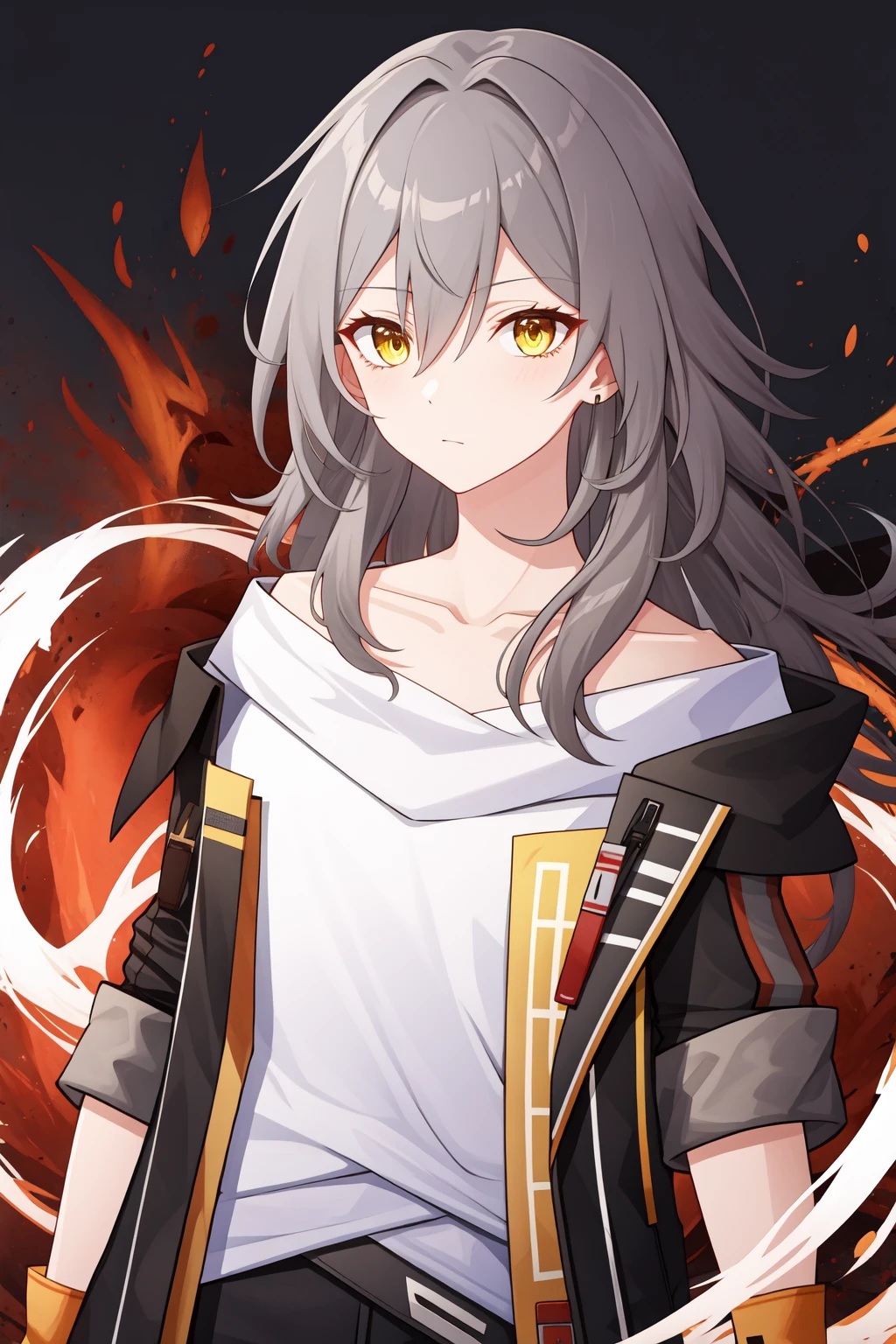 <lora:æ:1:lbw=char>,xing,yellow eyes,long hair,bangs,grey hair,jacket,shirt,white shirt,black jacket,gloves,hair between eyes,black gloves,open clothes,open jacket,collarbone,off shoulder,, 1girl,
, (masterpiece,best quality:1.2),absurdres