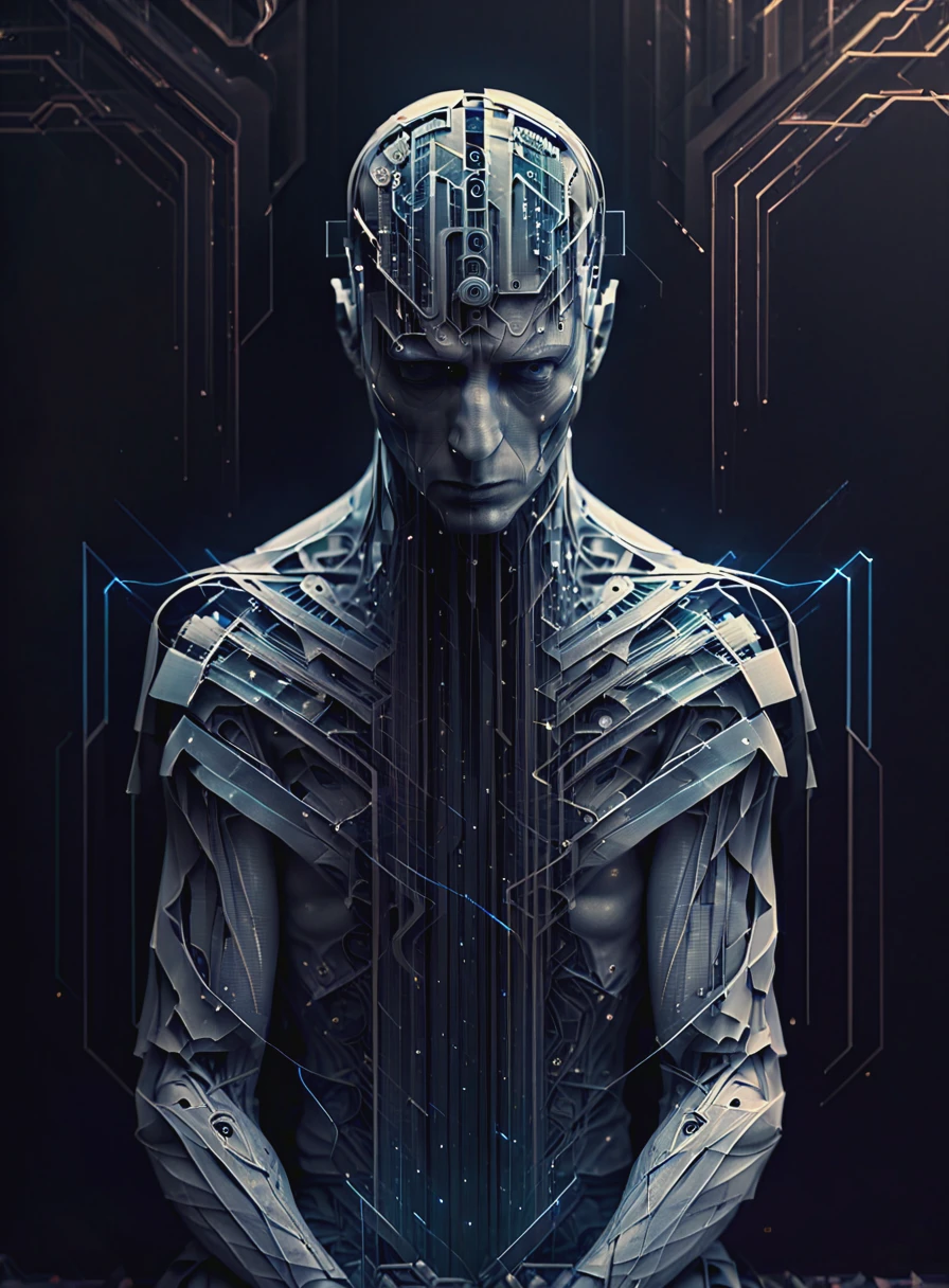 cybersad man, lightstreaks, Contrapposto pose, dark background, best quality