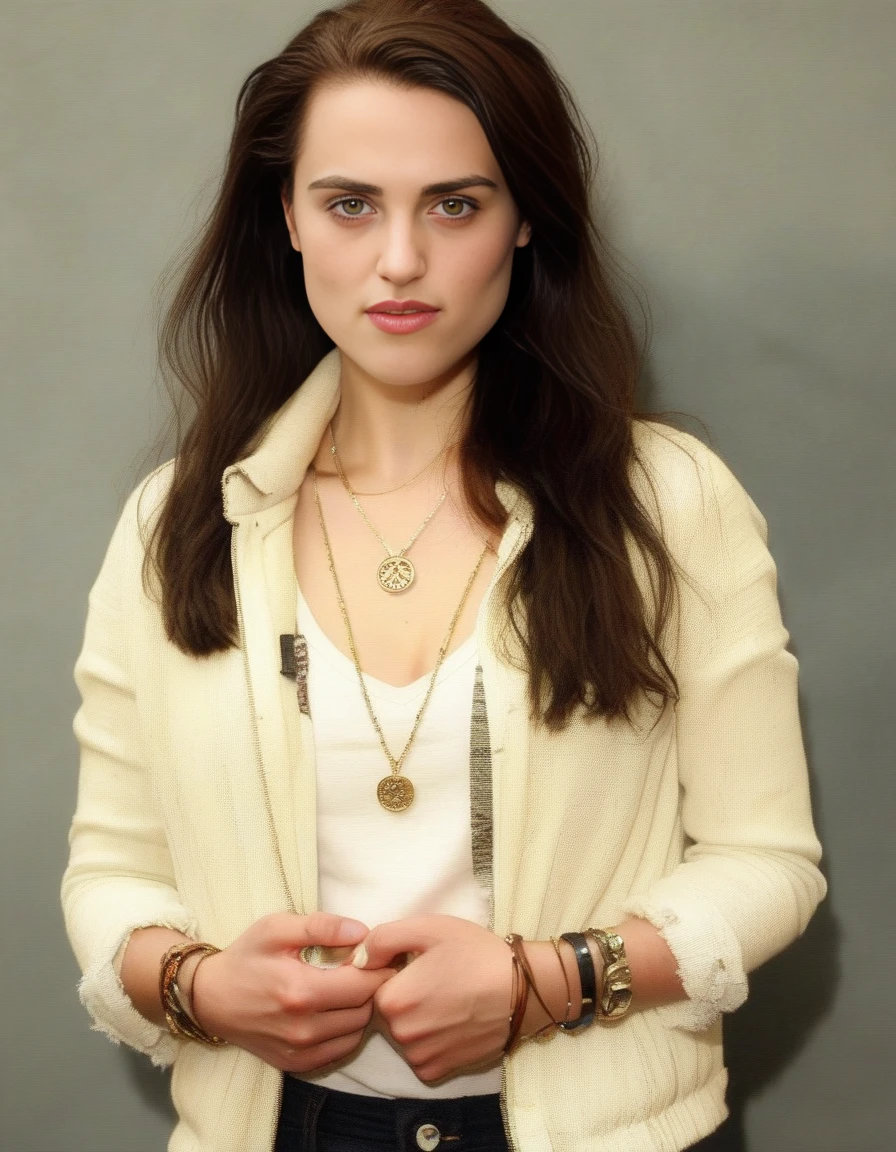 KatieMcgrath,<lora:KatieMcgrathSDXL:1>,An image of a young woman with shoulder-length wavy brown hair and a relaxed, confident pose. She should have well-defined eyebrows, natural makeup, and soft brown eyes. Her attire includes a white denim jacket with rolled-up sleeves over a black crop top and distressed white skinny jeans. She accessorizes with a delicate gold necklace and a thin bracelet. The setting is informal, with a warm, neutral background.