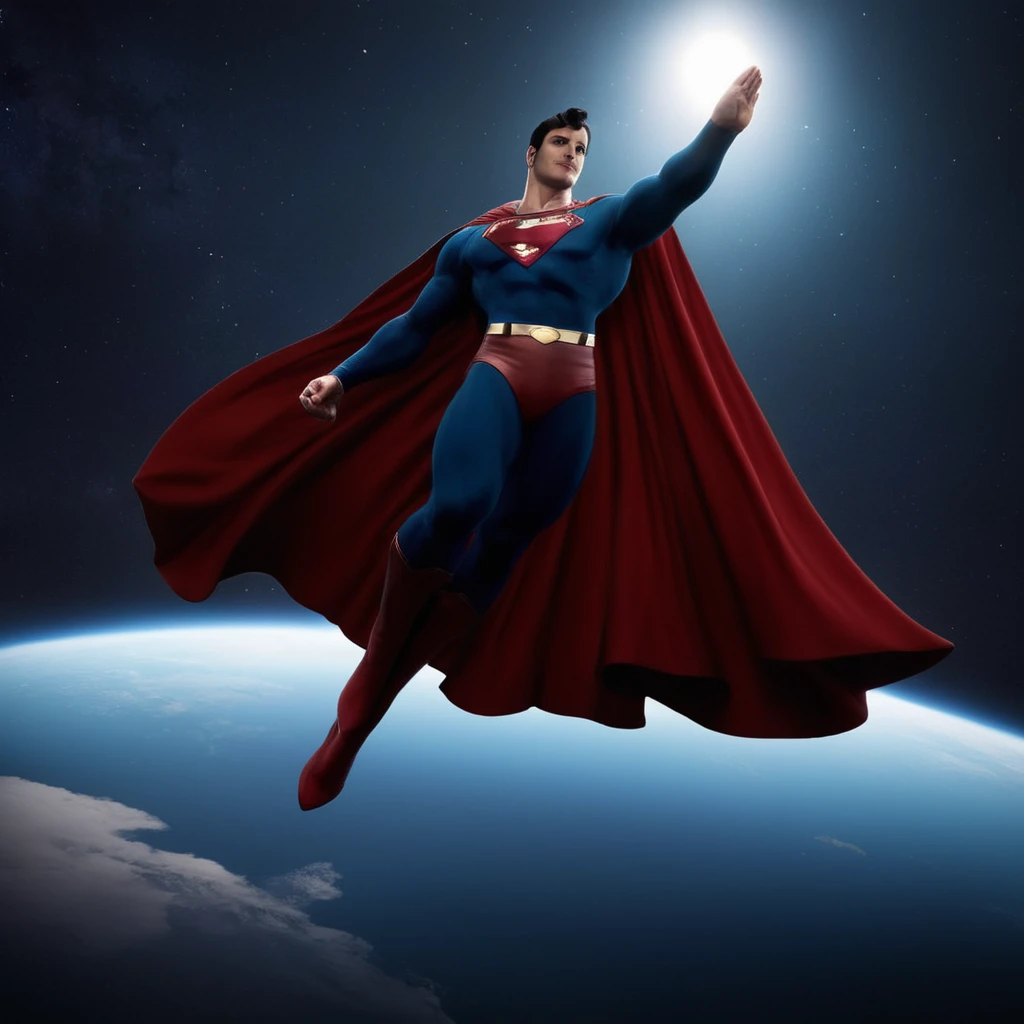 cinematic film still of <lora:Superman v3:1>
Kal-El, Kryptonian, Man of Steel, Superman a man flying through the air over a planet, saluting viewers with hand in outer space with planet earth below, stars in dark sky, solo,smile,black hair,1boy,male focus,sky,signature,cape,grin,hand on hip,bodysuit,star (sky),realistic,red cape,salute,space,planet,superhero,earth (planet), shallow depth of field, vignette, highly detailed, high budget, bokeh, cinemascope, moody, epic, gorgeous, film grain, grainy