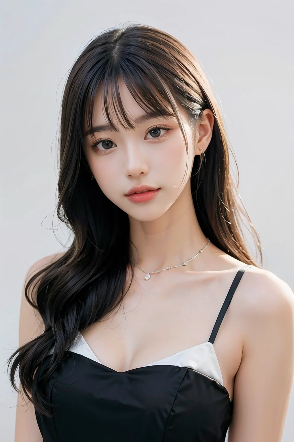 1girl, black random formal attire, white background, <lora:panda_BNK48-02:1>