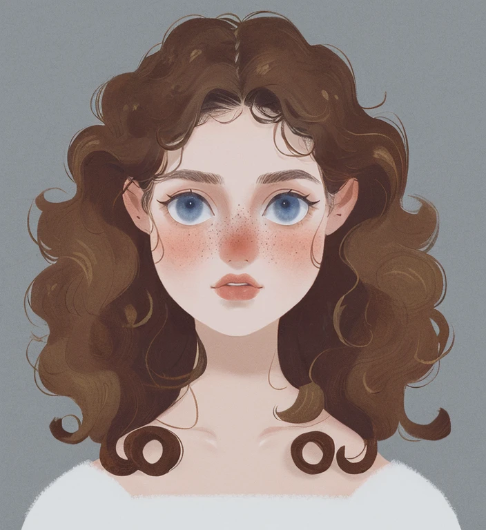 girl,  curly hair, brown hair, blue eyes, freckles, white skin, cartoon, illustration, digital art, portrait