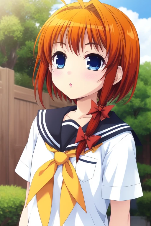 <lora:Hongou_Ai:0.8>,  HongouAi, 1girl, soro, blue_eyes, orange_hair, ahoge,  hair_ribbon, hair_bow,  
school uniform, serafuku, 
masterpiece, high quality, very_high_resolution, large_filesize, full color,