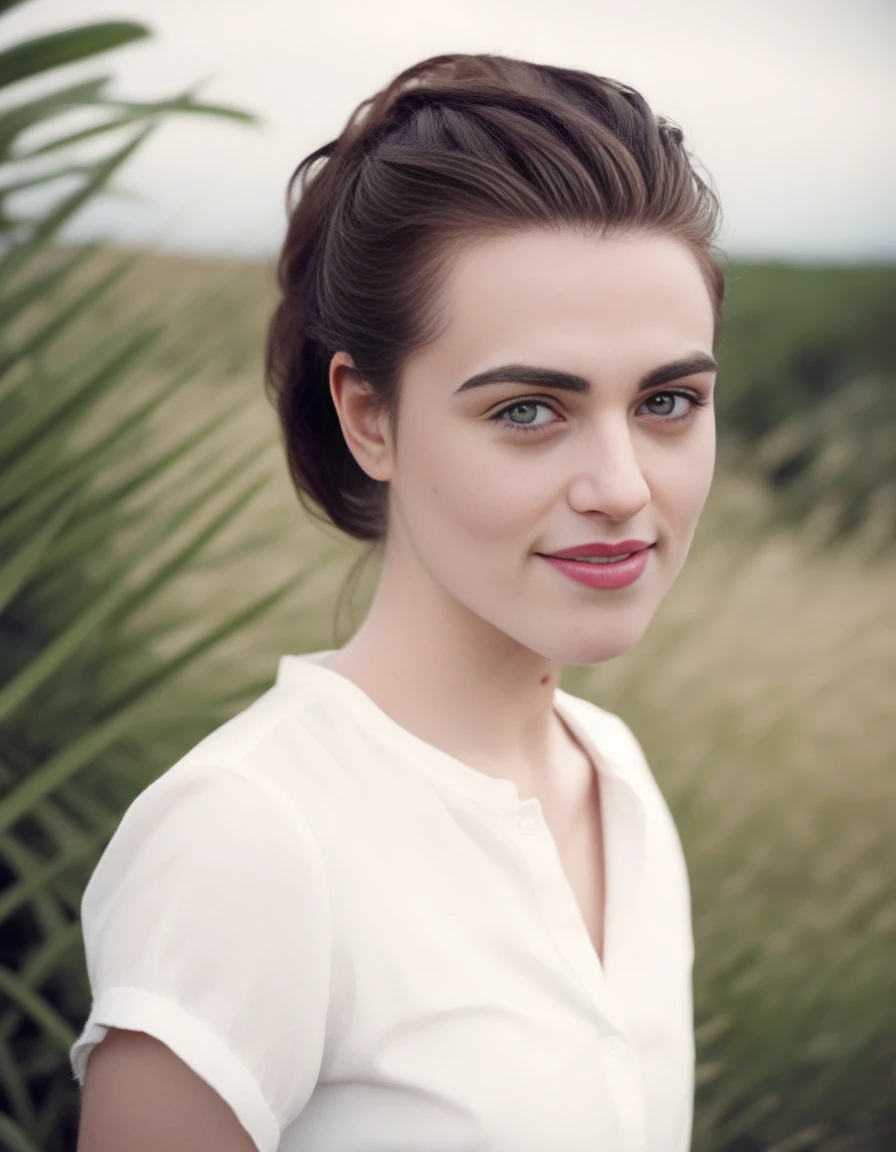 KatieMcgrath,<lora:KatieMcgrathSDXL:1>,A portrait of a young beautiful girl, smiling, beehive hair style, white shirt, outdoor view, captured by randomly selected] photographer. This image, characterized by its Minimalism style and outdoor  background that was recognized as a contest winner. It has been featured on CG Society.