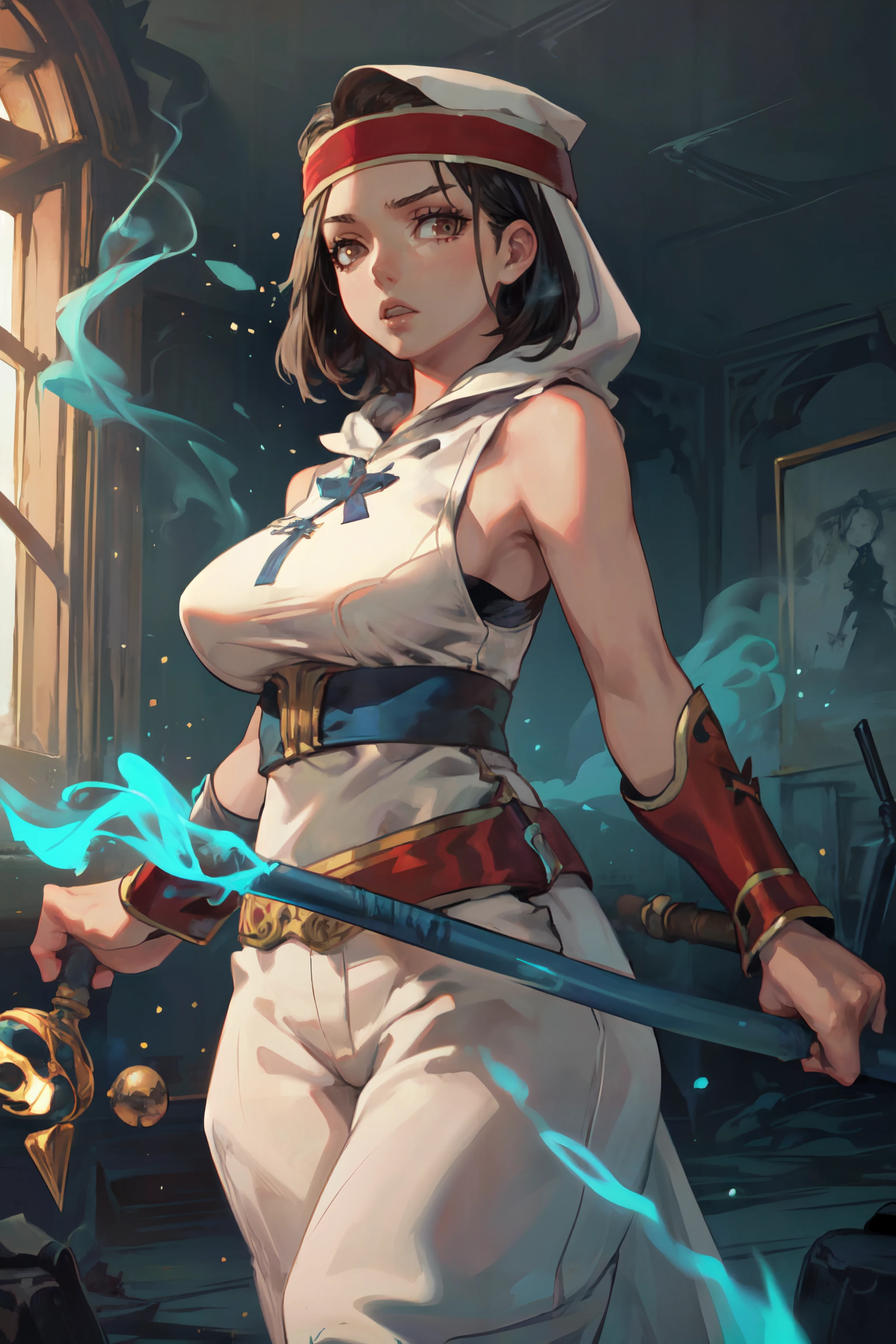 (masterpiece, best quality, ultra detailed, beautiful illustration), atmospheric perspective, depth of field, looking at viewer, beautiful detailed eyes, anime eyes:1.4, (cowboy shot), fighting stance, dynamic angle, (indoors, ruins, huge room, glowing lights), 1girl, frown, open mouth, (huge breasts), <lora:FinalFantasy_Rapha:0.9>, RaphaFFT, dark skin, dark-skinned female, brown eyes, headband, hood, white hoodie, sleeveless, bare shoulders, blue sash, white pants, puffy pants, sandals, bracer, (holding staff:1.5, ornate staff:1.5, casting magic:1.5, lighting magic:1.5, lighting:1.5, plasma:1.5, smoke:1.5, magic effects:1.5, aura:1.5, particles:1.5)