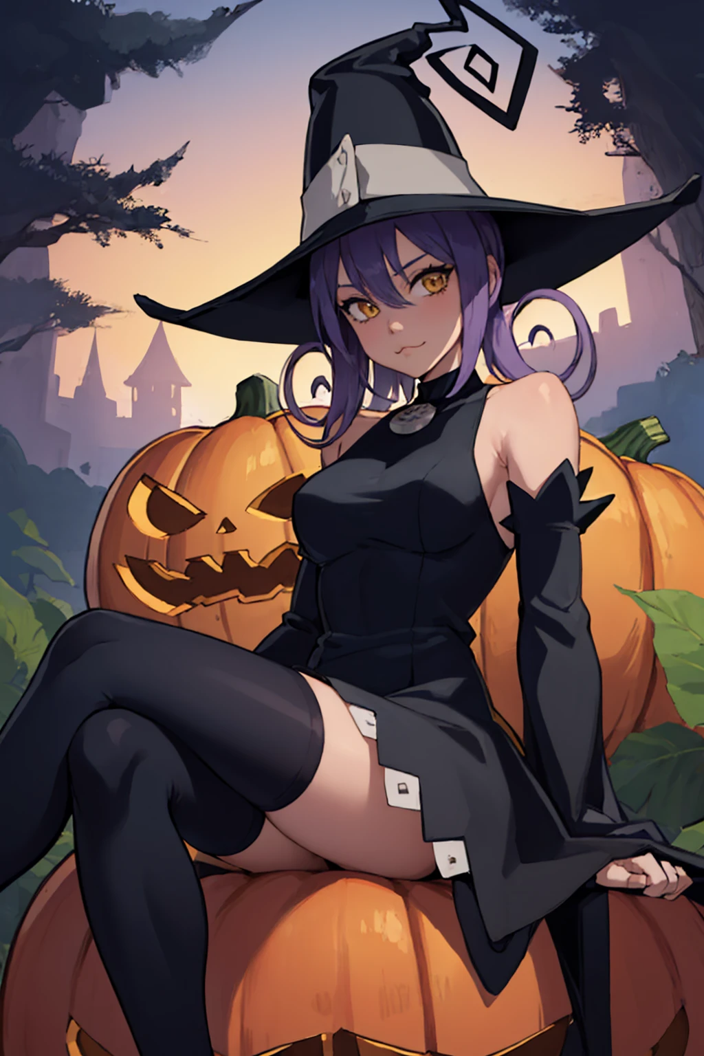 (masterpiece, best quality:1.2), solo, 1girl, seblair, :3, looking at viewer, sitting, crossed legs, witch hat, black dress, detached sleeves, black thighhighs, outdoors, pumpkin <lora:souleater_blair:1>