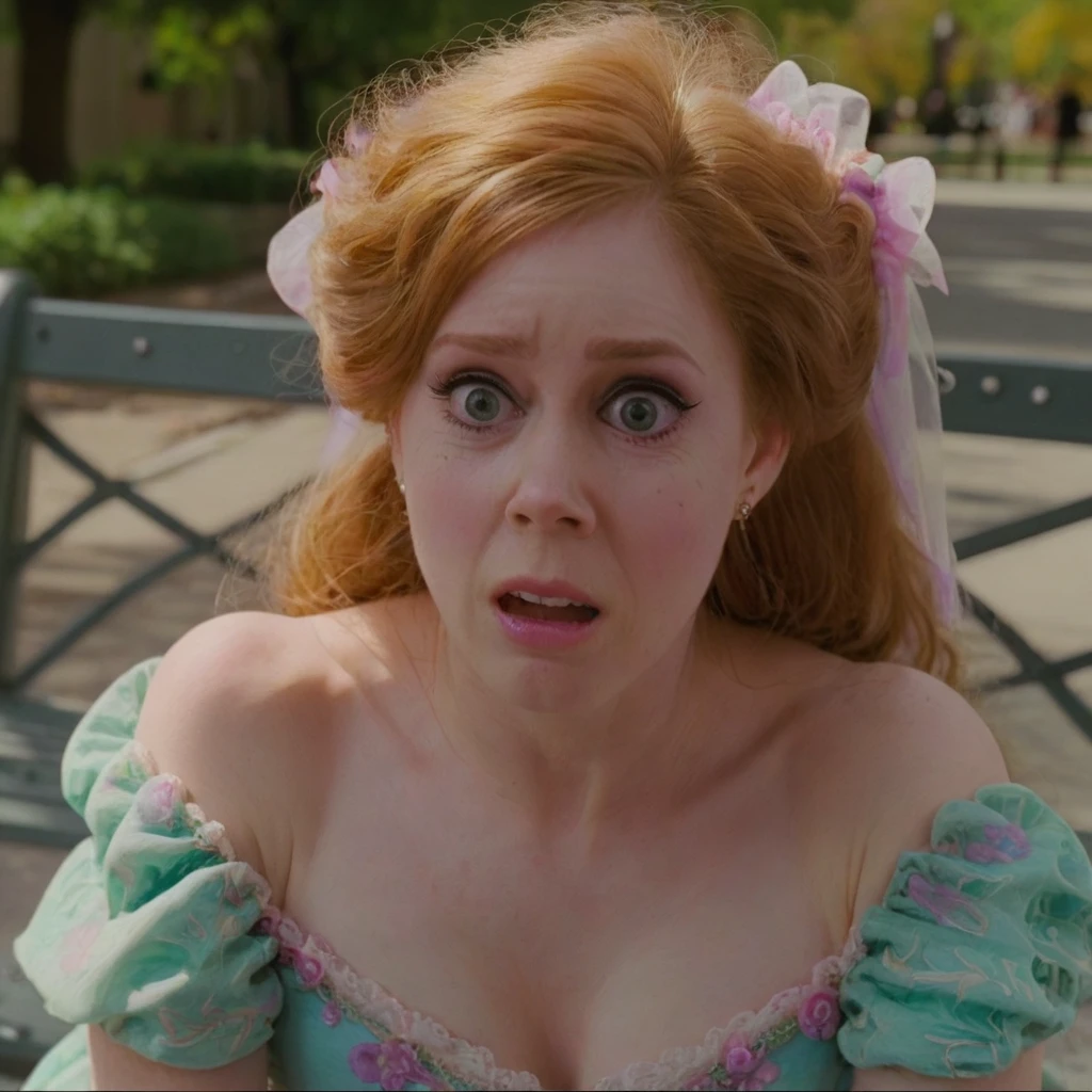 Beautiful girl, blue eyes, ginger hair, detailed facial traits, clown dace makeup, clown dress, naked breasts, detailed blowjob, male legs, male penis, street - park location