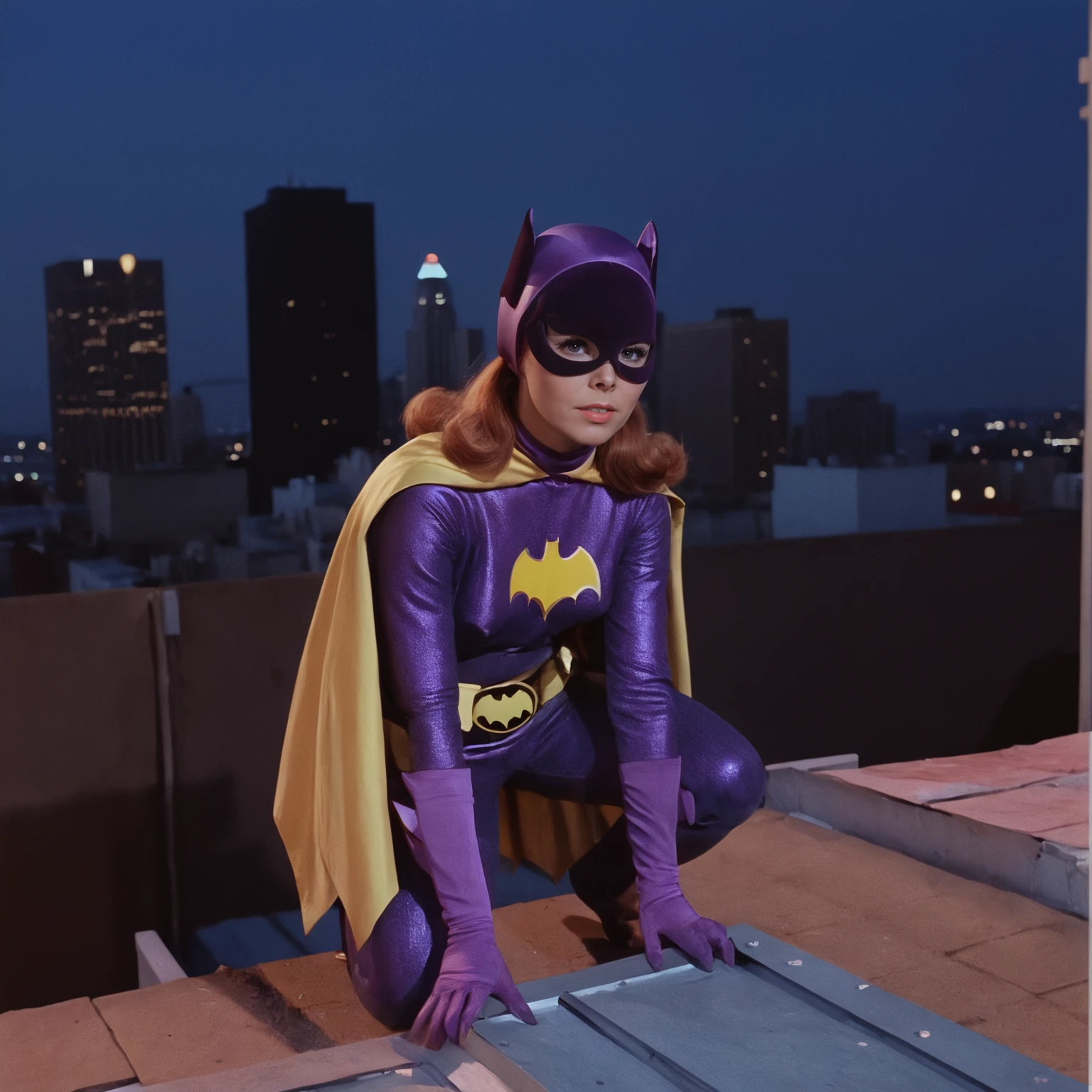 yvonne craig woman, crouching on top of a rooftop at nightime, background of city buildings, big neon ads, 60's style, analog film, snapshot, film grain  <lora:batgirl-v3:0.7>