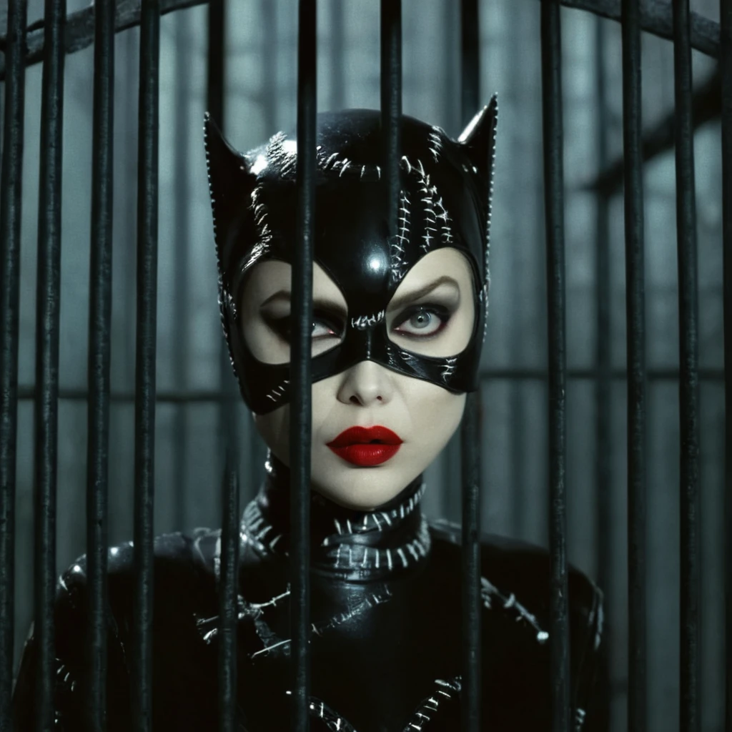 cinematic film still of <lora:Catwoman 1992:1>
Catwoman a woman in a cage with a red lipstick tim burton style,1girl,solo,looking at viewer,black hair,parted lips,teeth,artist name,signature,black eyes,lips,makeup,mask,lipstick,realistic,red lips, cage, fences, shallow depth of field, vignette, highly detailed, high budget, bokeh, cinemascope, moody, epic, gorgeous, film grain, grainy
