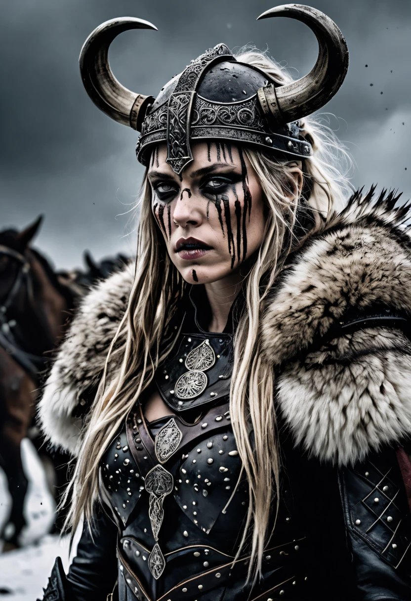 macabre style Capture the indomitable spirit of a beautiful Viking Age princess warrior, cowboy shot, standing triumphantly amidst the chaos of a brutal skirmish, wearing luxurious furs and distressed leathers, she embodies sophisticated savagery, crimson droplets of blood from the skirmish adorn her countenance, employing a low camera angle to emphasize the magnitude of her stature and authority, effectively positioning her as a titan above mere mortals, merging reality with fantasy, this provocative tableau challenges conventional notions of beauty, inspiring reflection on what it means to be strong, commanding, and utterly bewitching, style of Nick Knight, style of Igor Morski, style of Wlop, . dark, gothic, grim, haunting, highly detailed