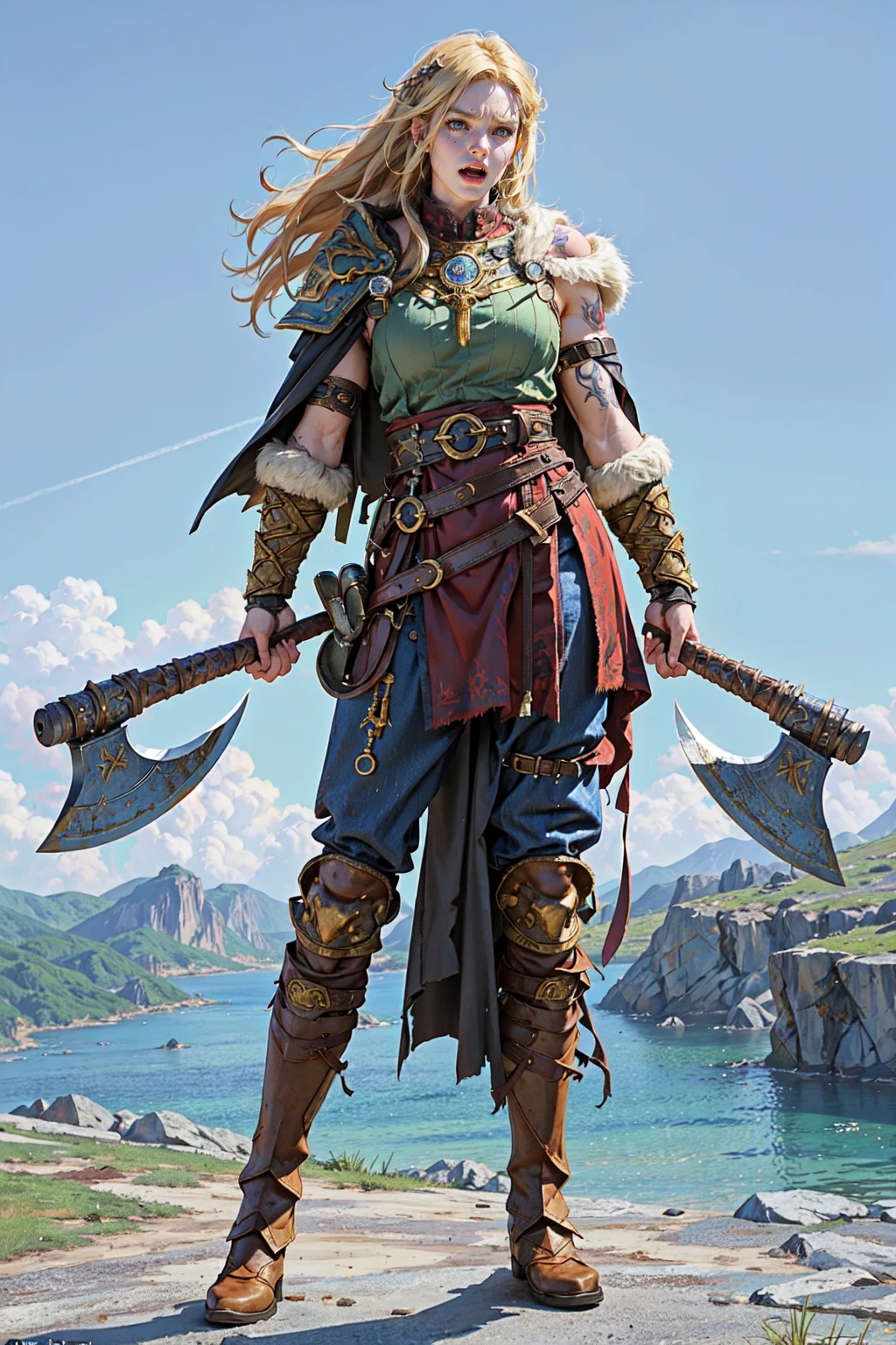 (masterpiece:1.2, best quality), (photorealistic:1.2), Viking_dual_V1, viking, solo, standing, 1girl, ((full body)), angry face:1.2, ((shouting)), ((muscular:1.2)), (holding axe, dual wielding), armor, boots, fur trim, shoulder armor, belt, pants, pauldrons, cape, scar, tattoo, facial tattoo <lora:Viking_dual_V2:0.45>