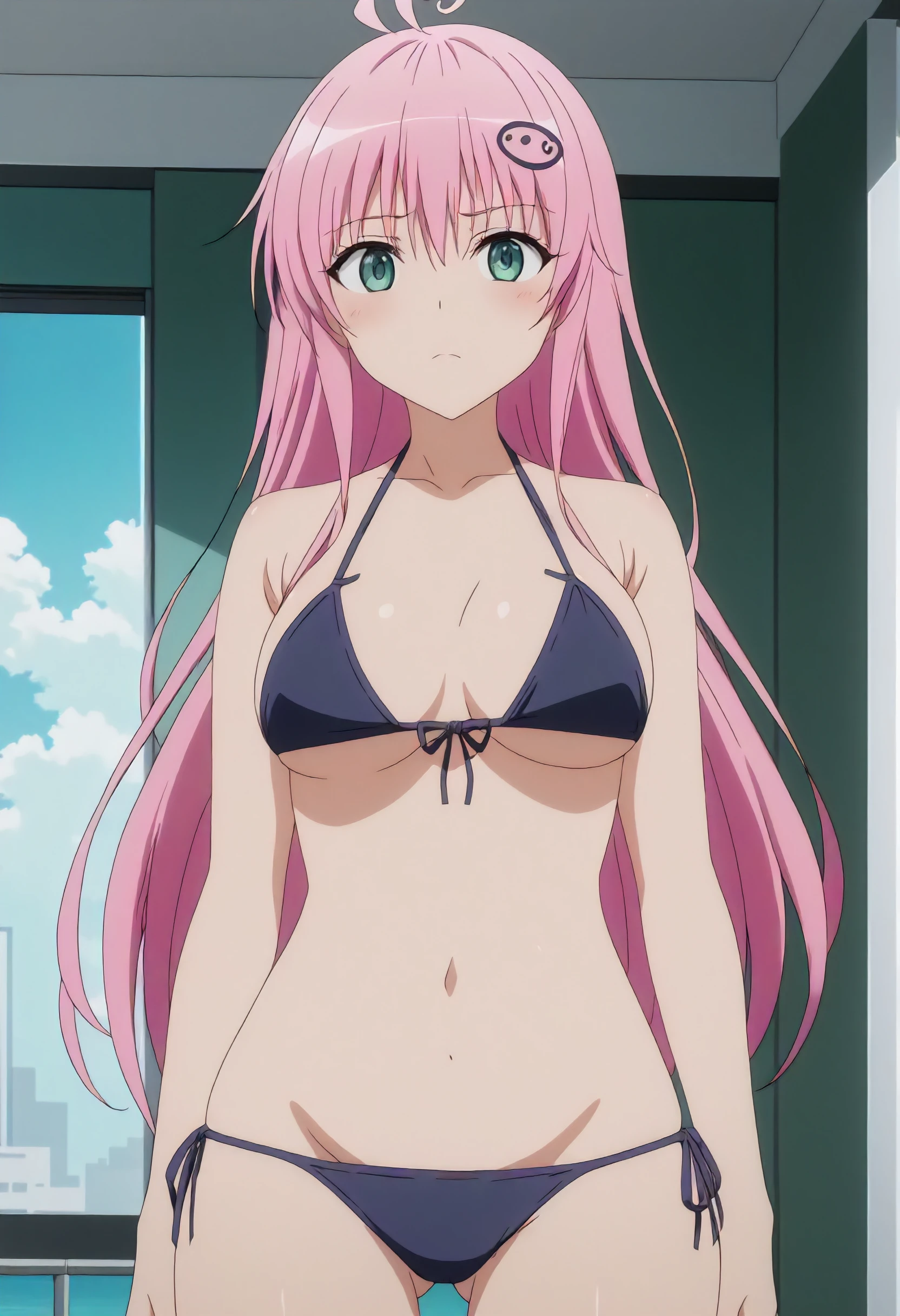 Lara Deviluke, Lara Deviluke, long hair, pink hair, tail, Ahoge, bangs, hair ornaments, (green eyes:1.5), smile,break demon tail, veil,naked neck,yellow bra,yellow string underwear,One bouquet with a happy smile, smile, open your mouth, Are standing,
From above,Crouching on the bed held in hand,
break indoors, Bedroom,
break looking at viewer, (cowboy shot:1.5),
break (masterpiece:1.2), highest quality, High resolution, unity 8k wallpaper, (figure:0.8), (beautiful detailed eyes:1.6), extremely detailed face, perfect lighting, extremely detailed CG, (perfect hands, perfect anatomy),
