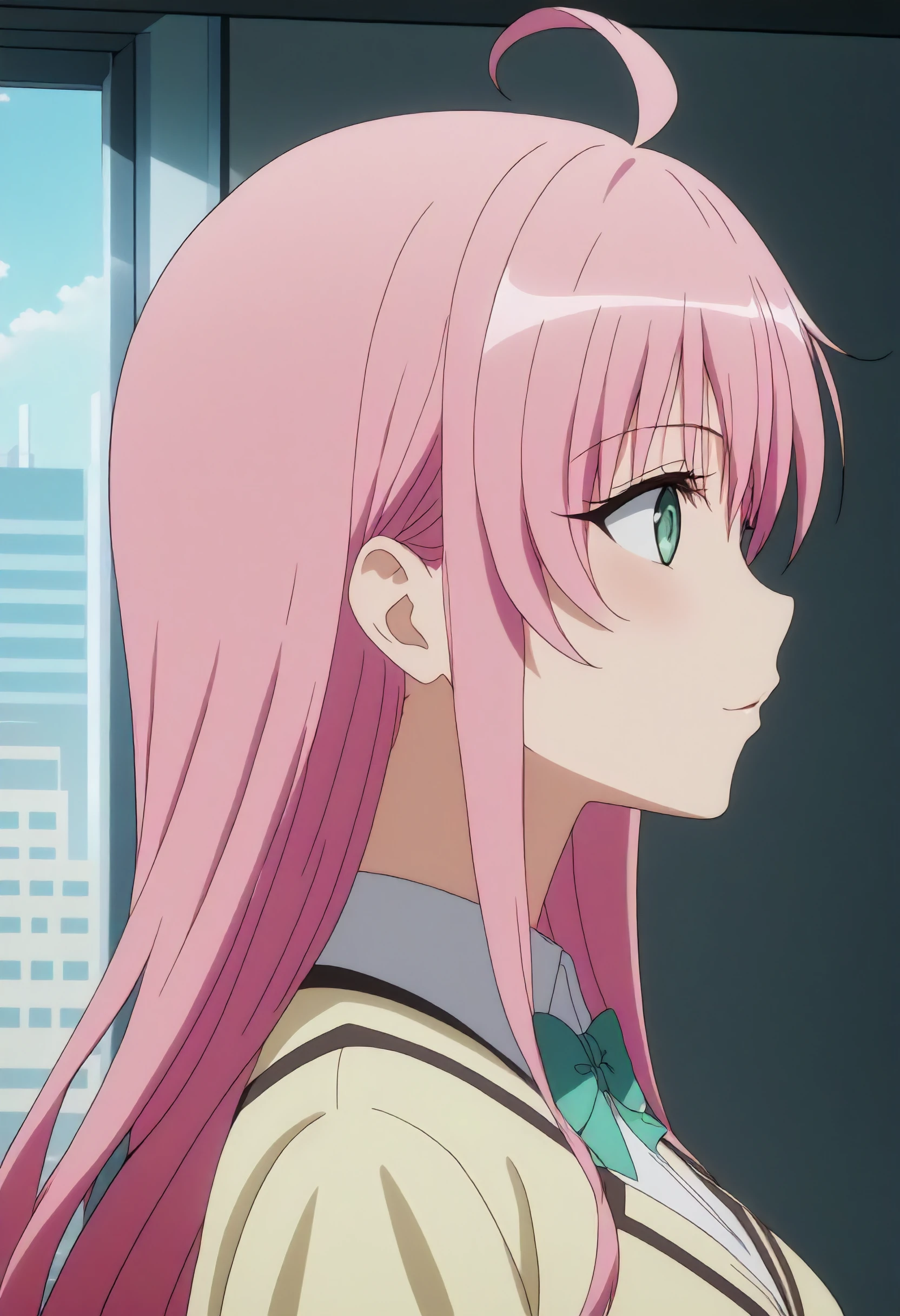 masterpiece, anime screenshot, 1girl, solo, laladeviluke, pink hair, green eyes, profile