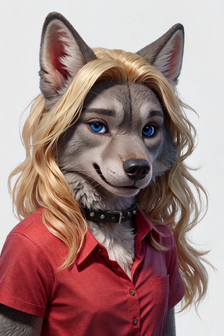 RAW Photo, realistic, wolf furry girl,blonde,long hair,looking at viewer,crossed bangs,blue eyes,high detail eyes by Glacierclear, by Ulitochka, by Levelviolet, by Zephyxus, (red shirt)1.2,black skirt,(high detail grey fur)1.2,punk collar,zootopia, fur paws (white background)1.1,masterpiece,highres,8k,(sharp)1.15