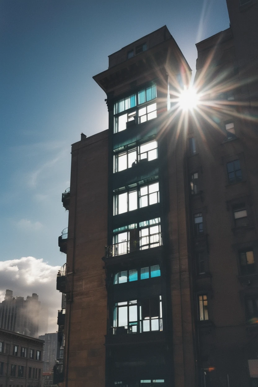 photograph, morning, blue sky, clouds, architecture, steampunk E-Boy highrise apartment in a downtown<lora:EnvyDramaticLightingXL02_photo:1>