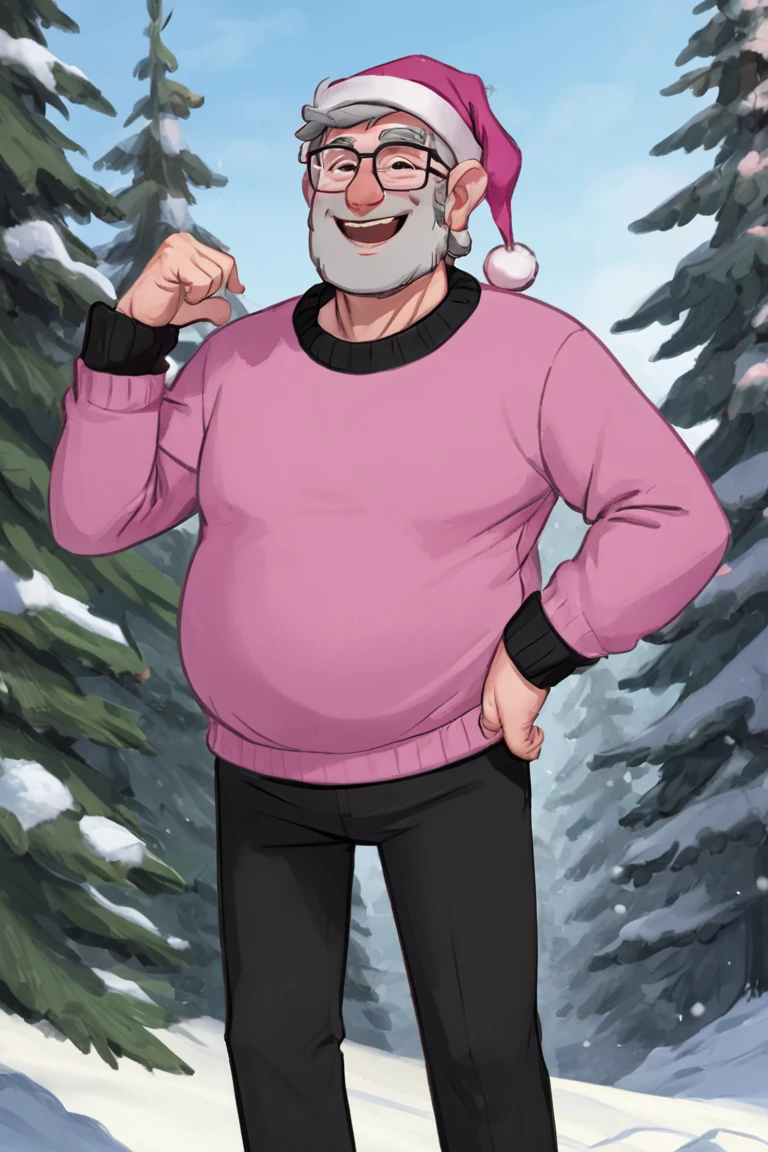 stanpines, solo, male focus, portrait, upper body, mature male, old man, short hair, grey hair, brown eyes, thick eyebrows, glasses, black-framed eyewear, facial hair, stubble, sideburns, smile, santa hat, pink sweater, black pants, fat, arm hair, standing, outdoors, pine forest, winter, snow <lora:Stanley (Stan) Pines SDXL_LoRA_10r_10e_32i_nr32_a16_SDXL:0.7>