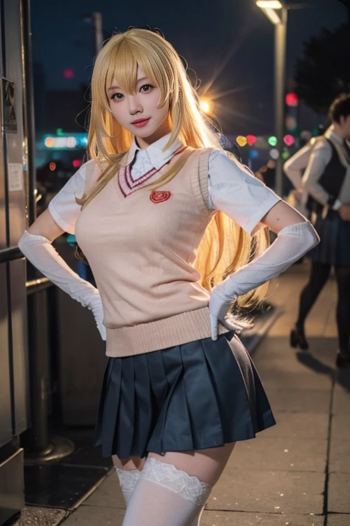 ltra-detailed,highly detailed,best quality,masterpiece,illustration,realistic,photorealistic,
shokuhou misaki, 1girl, solo, cosplay,
tokiwadai school uniform, lace-trimmed gloves, thighhighs, sweater vest, pleated skirt, zettai ryouiki, spider web print,
long hair, blonde hair, bangs,
looking at viewer, cowboy shot, dynamic pose,
outdoors, cityscape, night, city lights,
<lora:shokuhou misaki_v1_06:0.7>