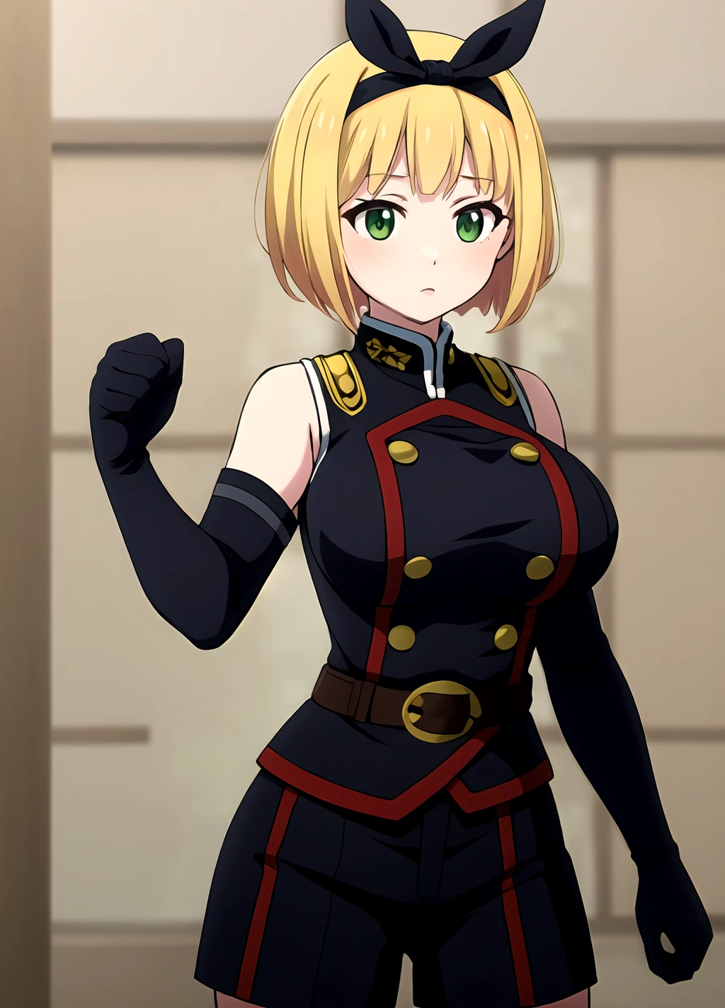 hands down, masterpiece, best quality, upper body, <lora:Shushu Suruga  anylora19r42r-000006:0.7>, uniform,  gloves, elbow gloves, belt, black gloves, shorts,  black shorts, Shushu Suruga, 1girl,  yellow hair, green eyes, looking at viewer, short hair, large breasts, hairband, bangs