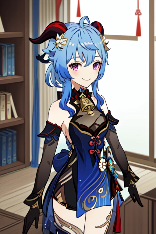 1girl, solo, masterpiece,  smile, looking at viewer, indoors, <lora:ganyuTwilightBlossomv1:0.8>, ganyu \(genshin impact\),horns, black gloves, detached sleeves,bare shoulders, neck bell, thighlet, hair ornament, gold trim,