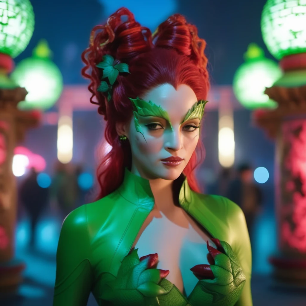 Ultra realistic extremely beautifully detailed 8k picture of 1 gorgeously cute and cool woman uma poison ivy exploring a forbidden city at night, extremely detailed eyes mouth and facial features, gorgeous breathtaking composition and epic cinematic lighting <lora:uma poison ivy:0.8>