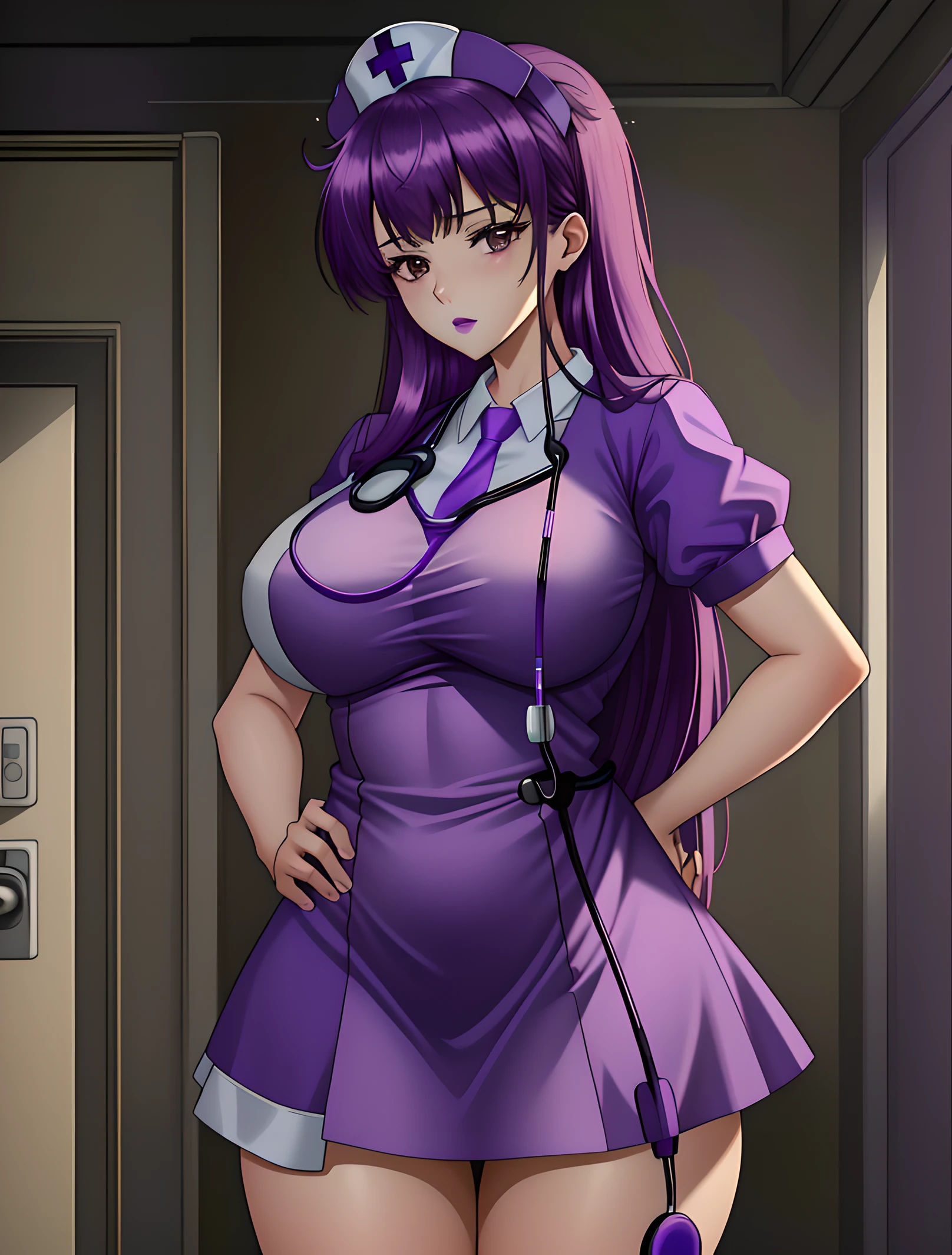 ((masterpiece, best quality, high quality)),1girl, ((uncropped,lower body, hospital)), <lora:Purple Nurse:0.6> (purple_nurse_cst, stethoscope, nurse, nurse cap, purple headwear, purple dress, jewelry), <lora:HibinoYayoi:0.7> (hibinoyayoi, purple hair, long hair, huge breasts, brown eyes, lipstick),