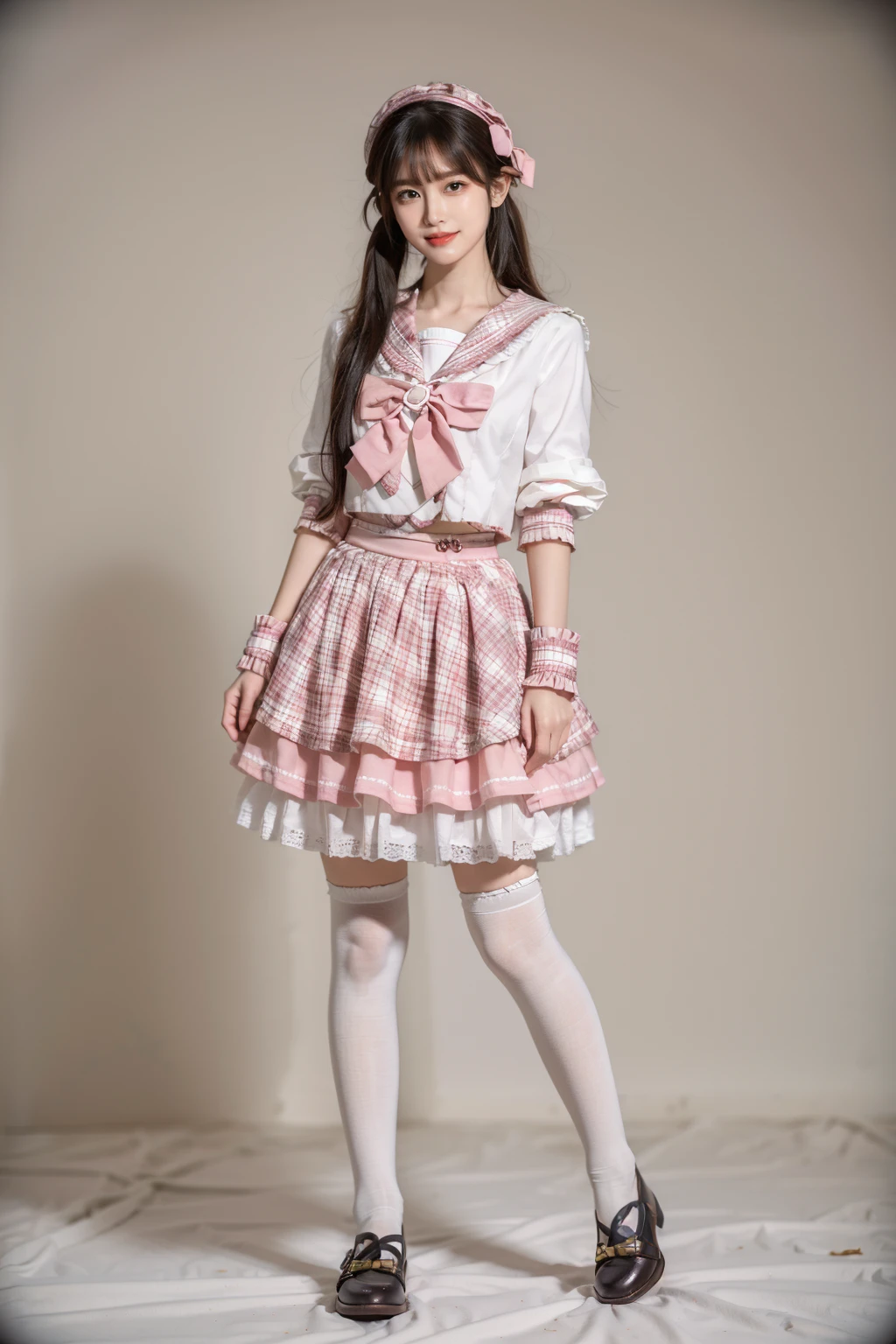 best quality, masterpiece, realistic, photorealistic, 1girl, solo, looking at viewer, light smile, full body, standing, low twintails, bangs, idol costume, cyb skirt, cyb shirt, plaid skirt, frilled skirt, idol, wrist cuffs, bow, sailor collar, frills, white thighhighs, shoes, simple background, <lora:idol_costume_style7_v1:0.7>