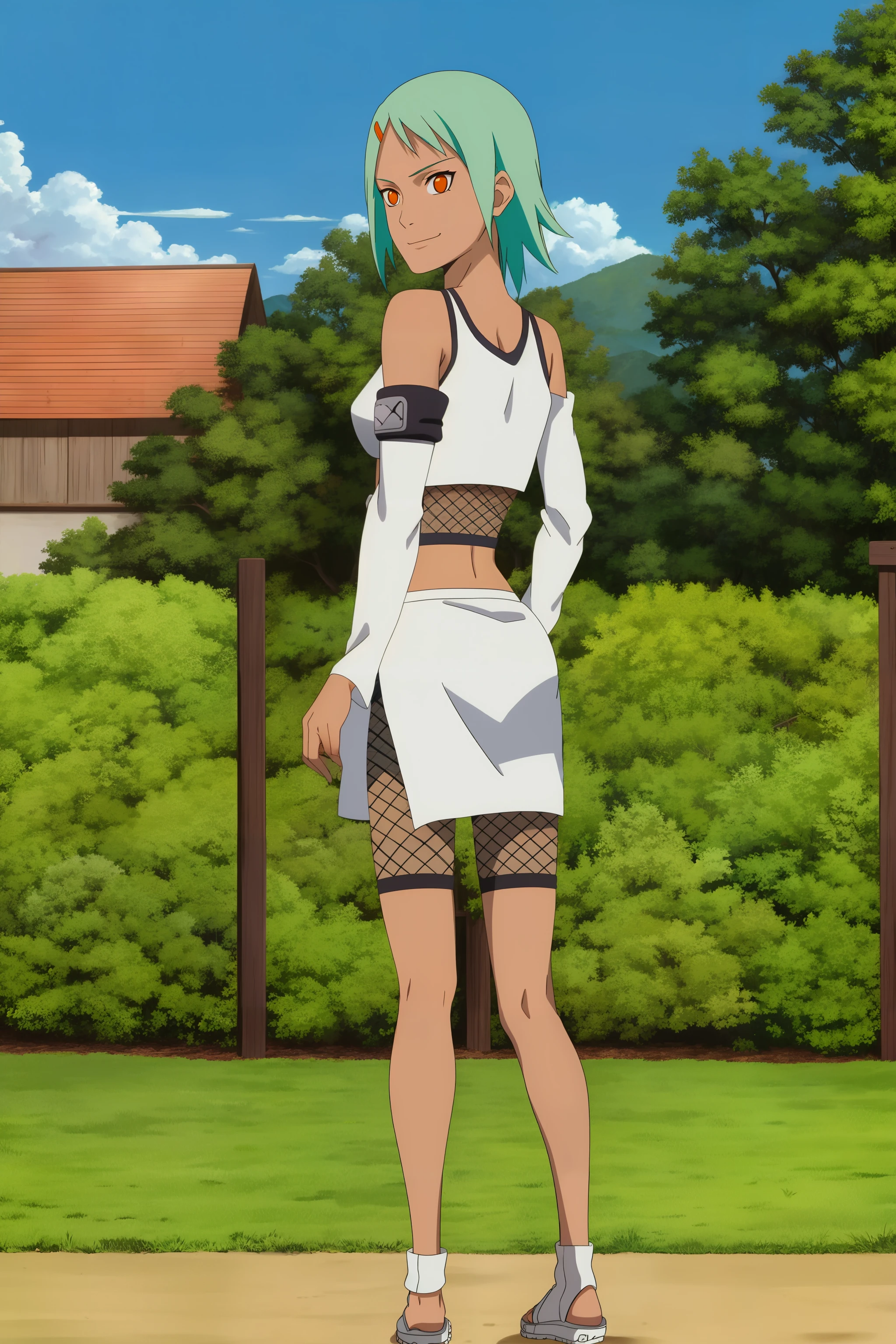 ,1girl, solo, orange eyes, short hair, green hair, smirk, dark-skinned female, hairclip,crop top, detached sleeves, fishnets, pelvic curtain, bike shorts, midriff, <lora:animemix_v3_offset:0.7>,toeless footwear, bare shoulders, , standing, from behind, looking back, hand on hip,village, fence, <lora:Fuu:1>