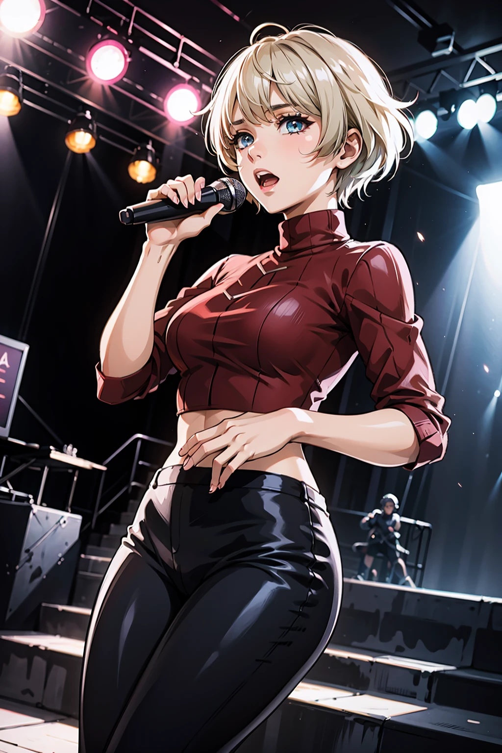 masterpiece, best quality, 1girl, solo, facing viewer, stage, microphone, singing, neon lights, stage lights
BREAK
<lora:EPfeMerrin-07:0.7> EPfeMerrin, blonde hair, blue eyes, short hair
BREAK
red sweater, turtleneck, sweater tucked in
BREAK
black pants, leather pants
