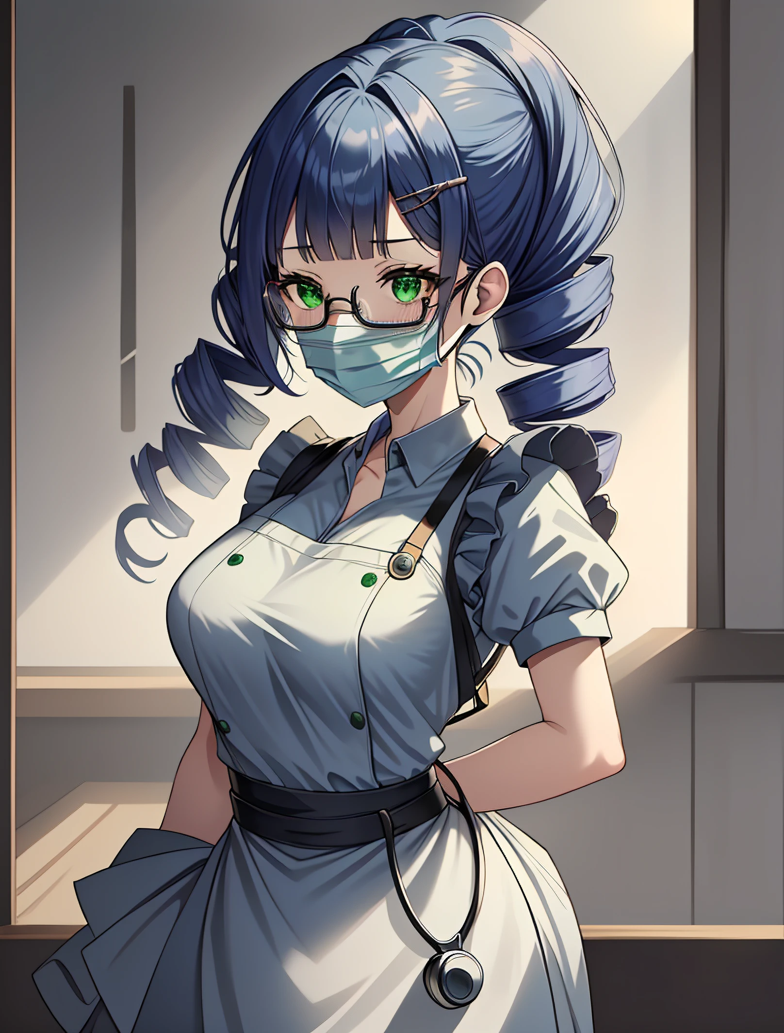 ((masterpiece, best quality, high quality)),1girl, (lower body, hospital),   <lora:Doctor Apron:0.8> (doctor_apron, apron, mask, gloves, surgical mask,scrubs), <lora:Natalie Griffin:0.6> (natalie griffin, oc ch8, 1girl, long hair, hair ornament, green eyes, glasses, drill_curls, drill locks, hairclip, mature_female, dark blue hair, sidelocks, blunt bangs, drill hair, twin drills, under-rim eyewear),