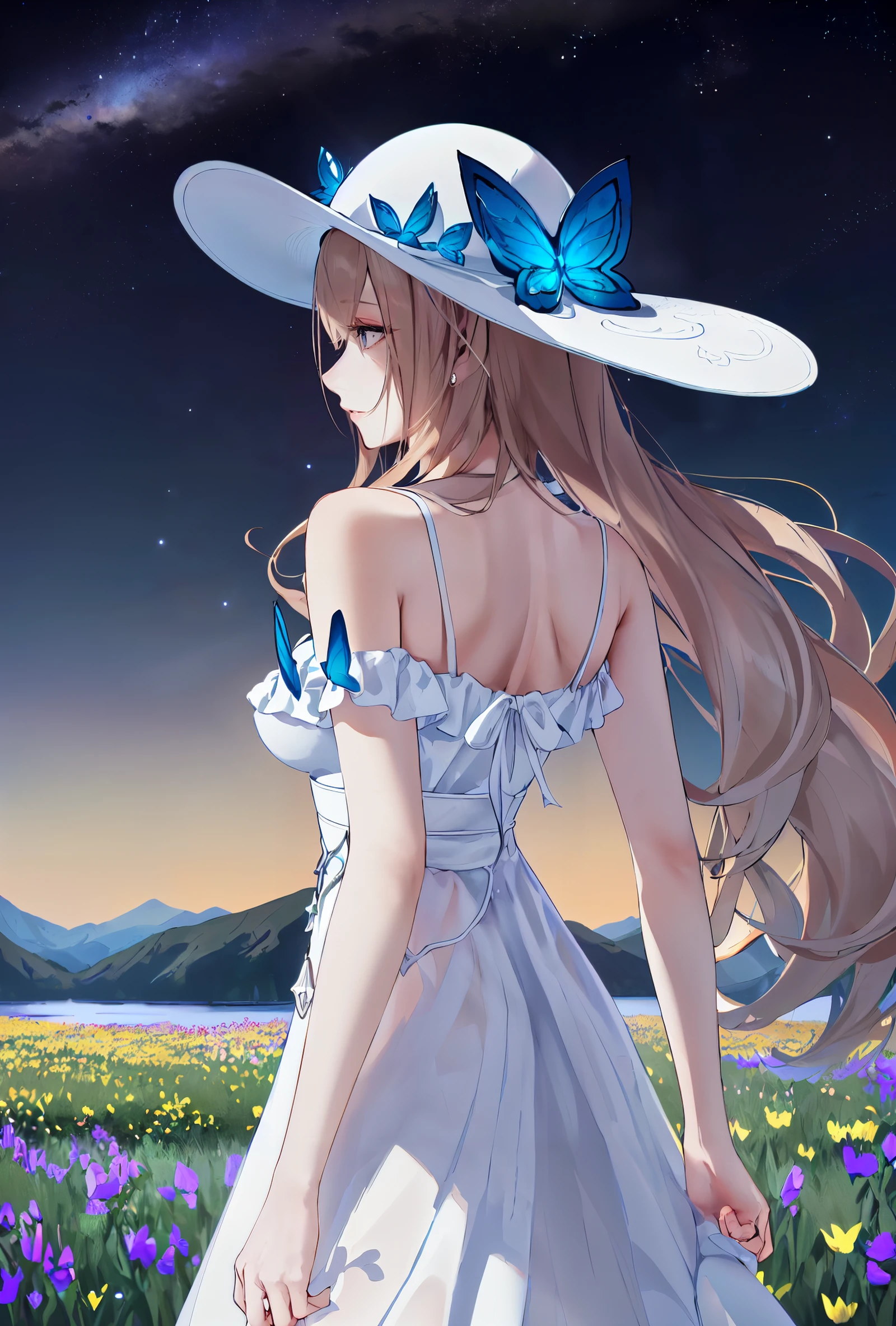 (Masterpiece, best quality,),8k wallpaper,UHD,extra detailed,great view,alpine,looking away,lake,flower field,landscape,wavy,night sky,star sky,galaxy,planet on the sky,
[jumping|sleeping|wariza|cowboy shot|standing|dancing],
<lora:nai3lora-000012:0.3>,nai3,
<lora:abyz-v100:0.8:lbw=OUTALL>,abyz,see-through dress,1girl,hat,breasts,long hair,dress,butterfly,grey eyes,
(beautiful_face),((intricate_detail)),clear face,
((finely_detailed)),fine_fabric_emphasis,
((glossy)),