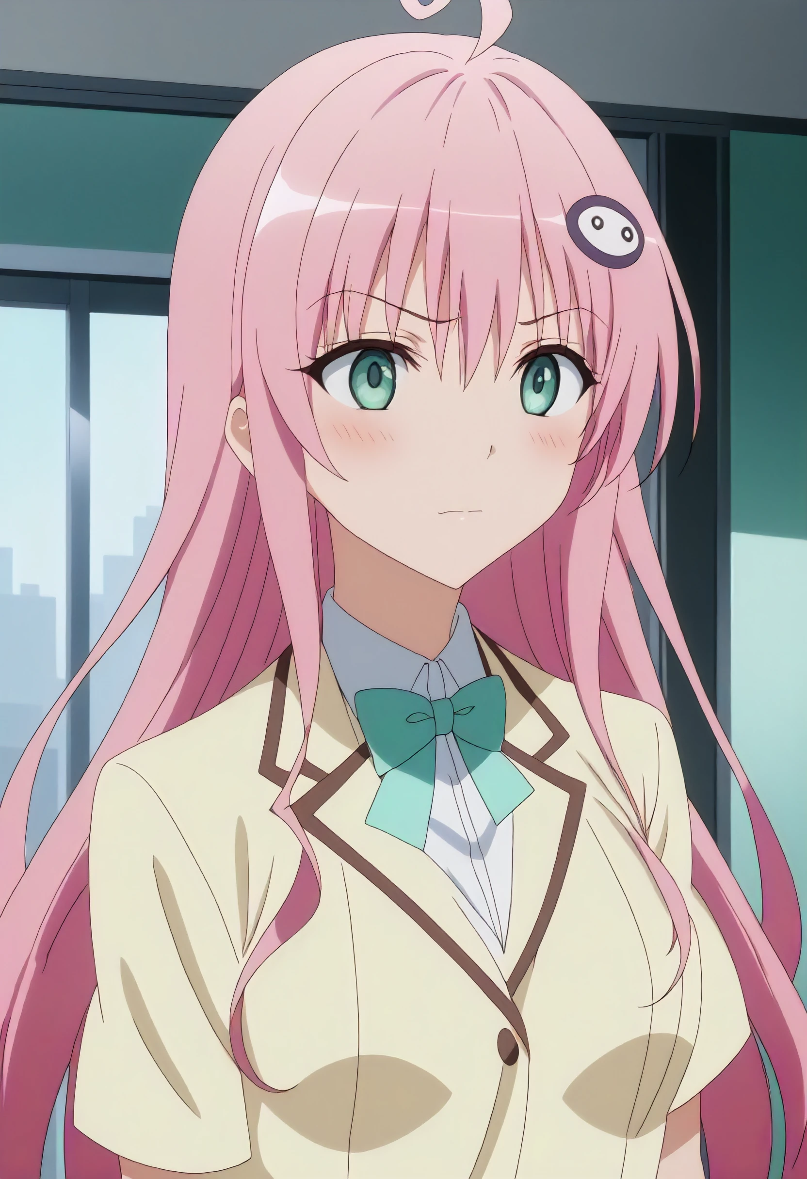 masterpiece, anime screenshot, 1girl, solo, laladeviluke, school uniform, pink hair, green eyes