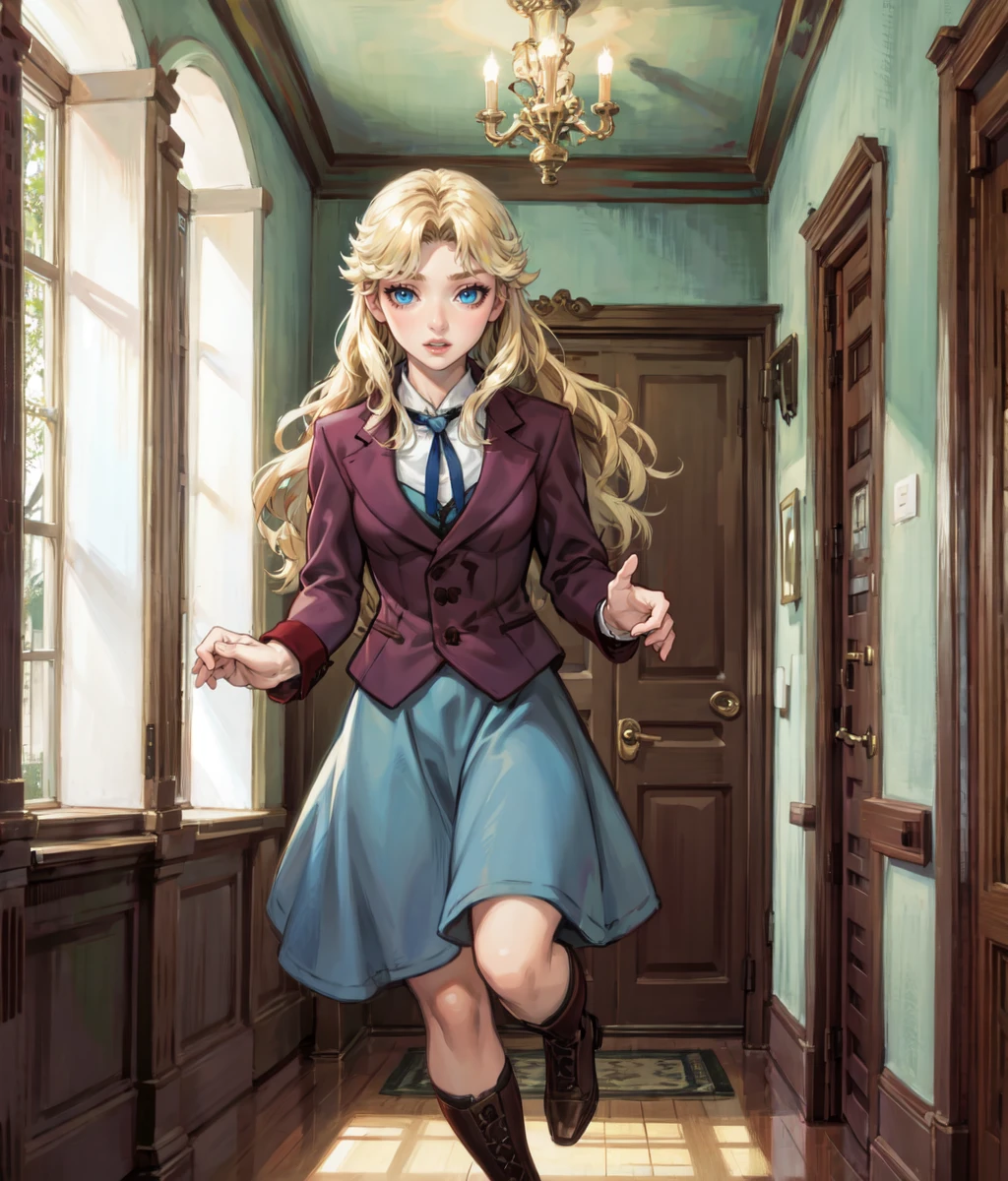 masterpiece, high res, detailed face, detailed eyes, anime screencap, 1 girl, scared, running, blonde, long hair, blue eyes, brown jacket, blue skirt, dark mansion, indoors, full body, mansion, <lora:Julie:1>