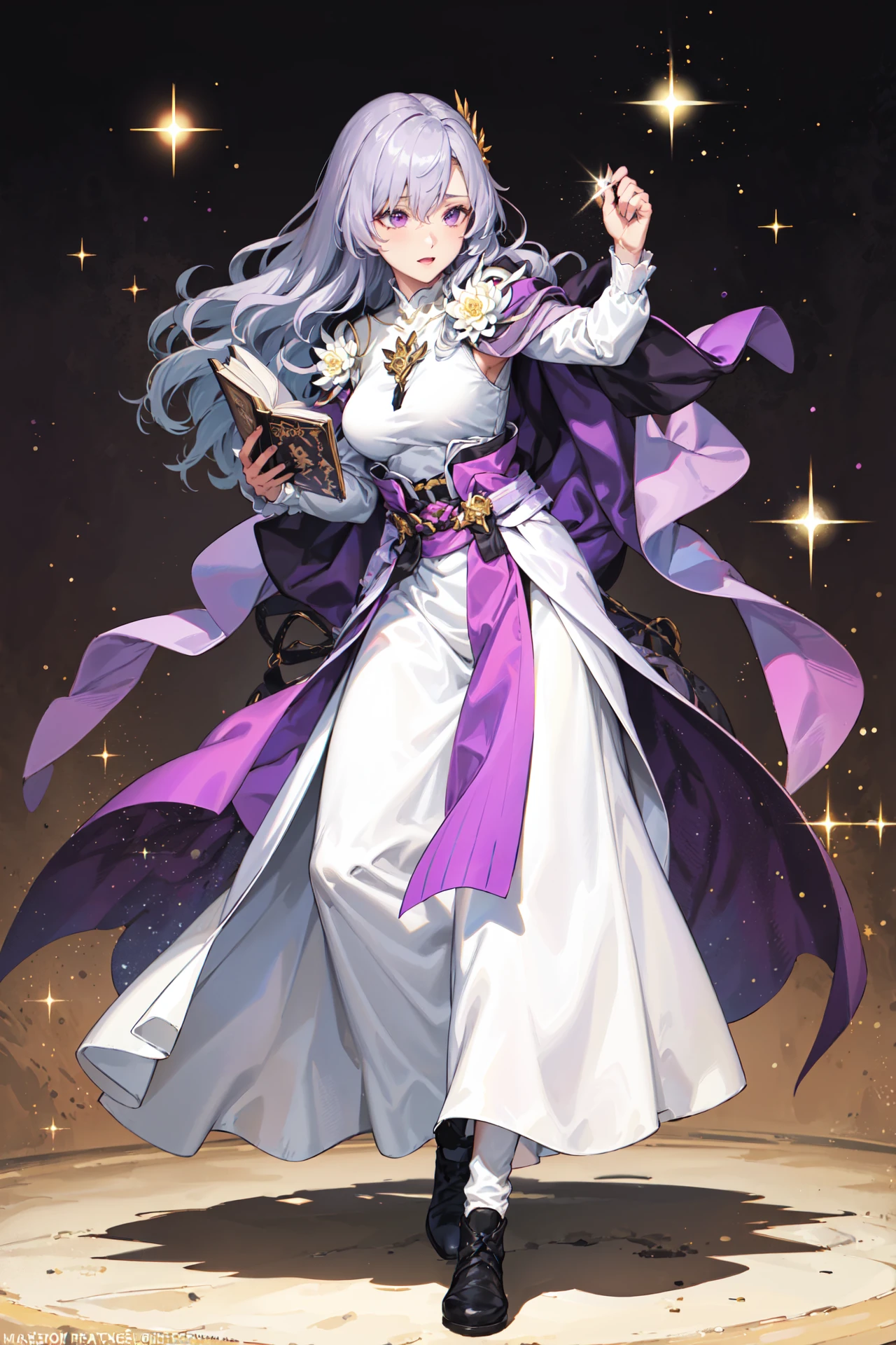 (holding book:1.1),(sparkle,magic,fighting stace:1.25),<lora:deirdreV1:0.85>,leg_deirdre,white long dress,puffy long sleeves, long skirt,purple dress, toeless footwear, turtleneck, jewelry, gradient clothes, purple cape, hood, hood down, layered skirt, flower, gold trim, , ,dark,(masterpiece, best quality, ultra-detailed, best shadow)