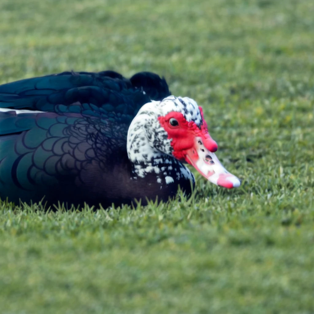 <lora:Muscovy_duck_v1:0.7>, Muscovy duck, from side, on grass,