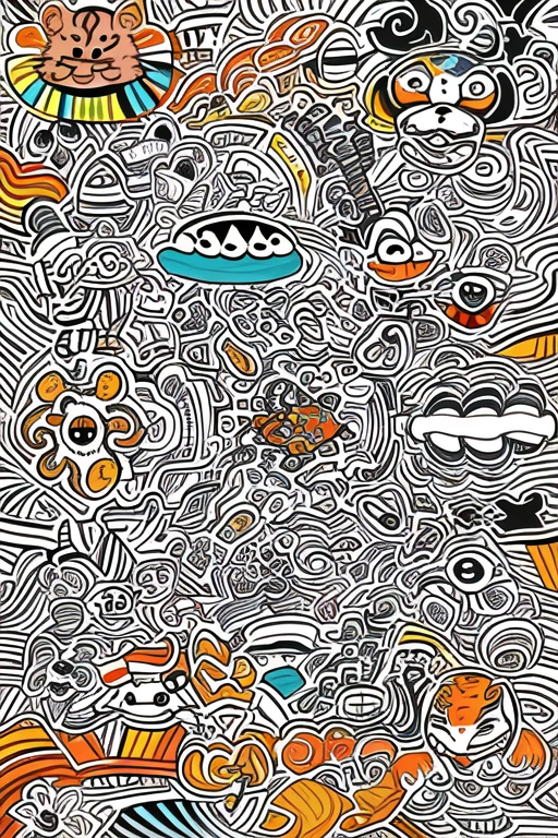 Line pattern, line thick, bobble, various animals, abstract painting style,biglion,colorful
