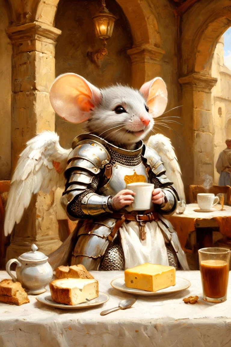relaxed thankful mouse with cheese as Angel, drinking coffee in an ancient cafe, dressed in Elegant Angelic Age armour