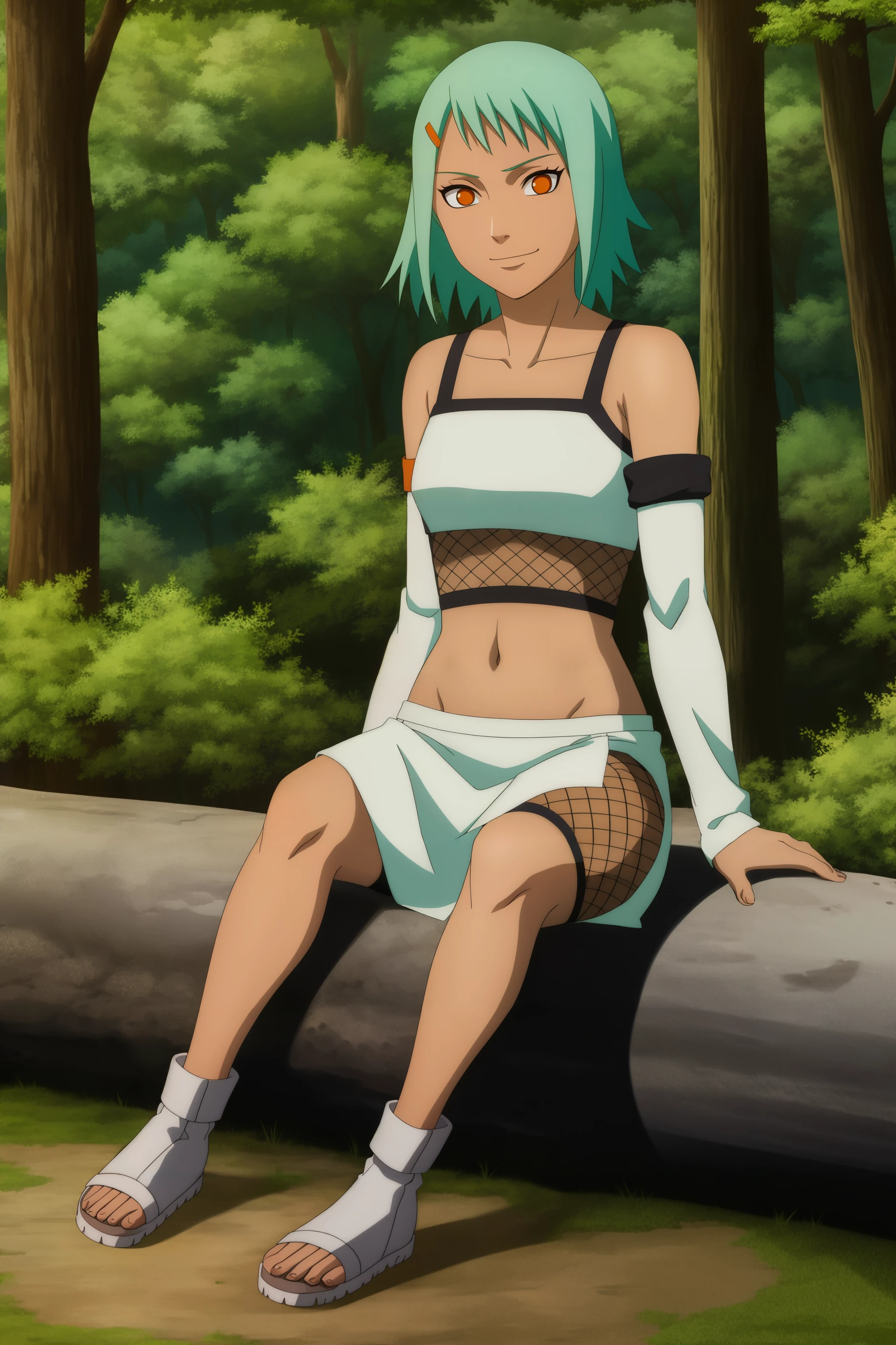 ,1girl, solo, full body, orange eyes, short hair, green hair, smirk, dark-skinned female, hairclip,crop top, detached sleeves, fishnets, pelvic curtain, bike shorts, navel, midriff,
<lora:animemix_v3_offset:0.7>,toeless footwear, collarbone, bare shoulders, <lora:Fuu:1>,sitting,forest,outdoors,