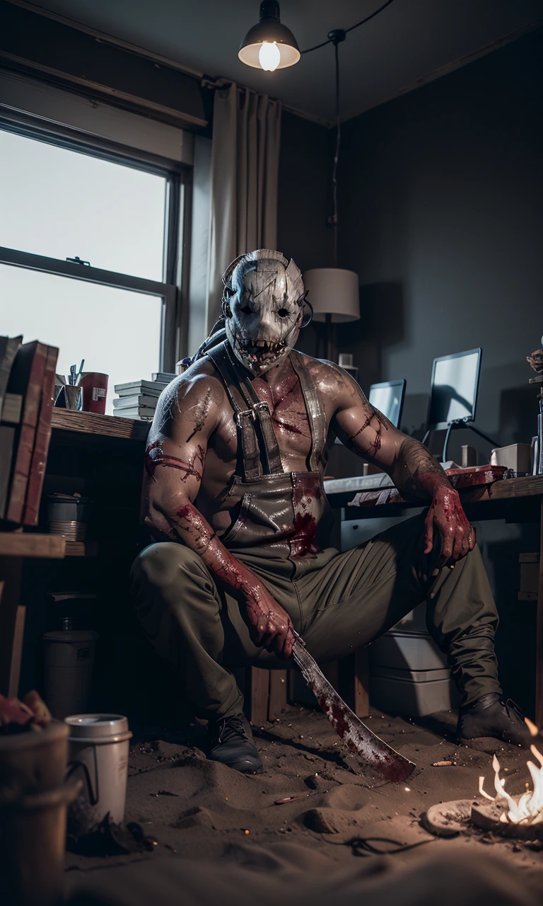 trappdbd2024, best quality, masterpiece, photorealistic, raw photo, 1girl, machete, mask,1man, business suit, sitting in office,dirty skin, wounds, blood, full body, burned skin, beach, scarred skin, tropical island