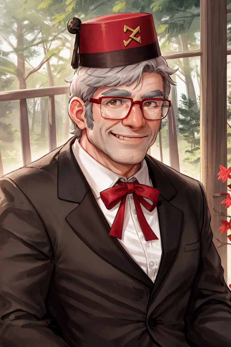 stanpines, 1boy, solo, male focus, upper body, muscular, mature male, old man, short hair, grey hair, brown eyes, thick eyebrows, glasses, black-framed eyewear, facial hair, stubble, sideburns, smile, red fez hat, formal, black suit, white shirt, red ribbon, standing, outdoors, pine forest <lora:Stanley (Stan) Pines LoRA v1.0_10r_10e_32i_nr64_a32:0.7>