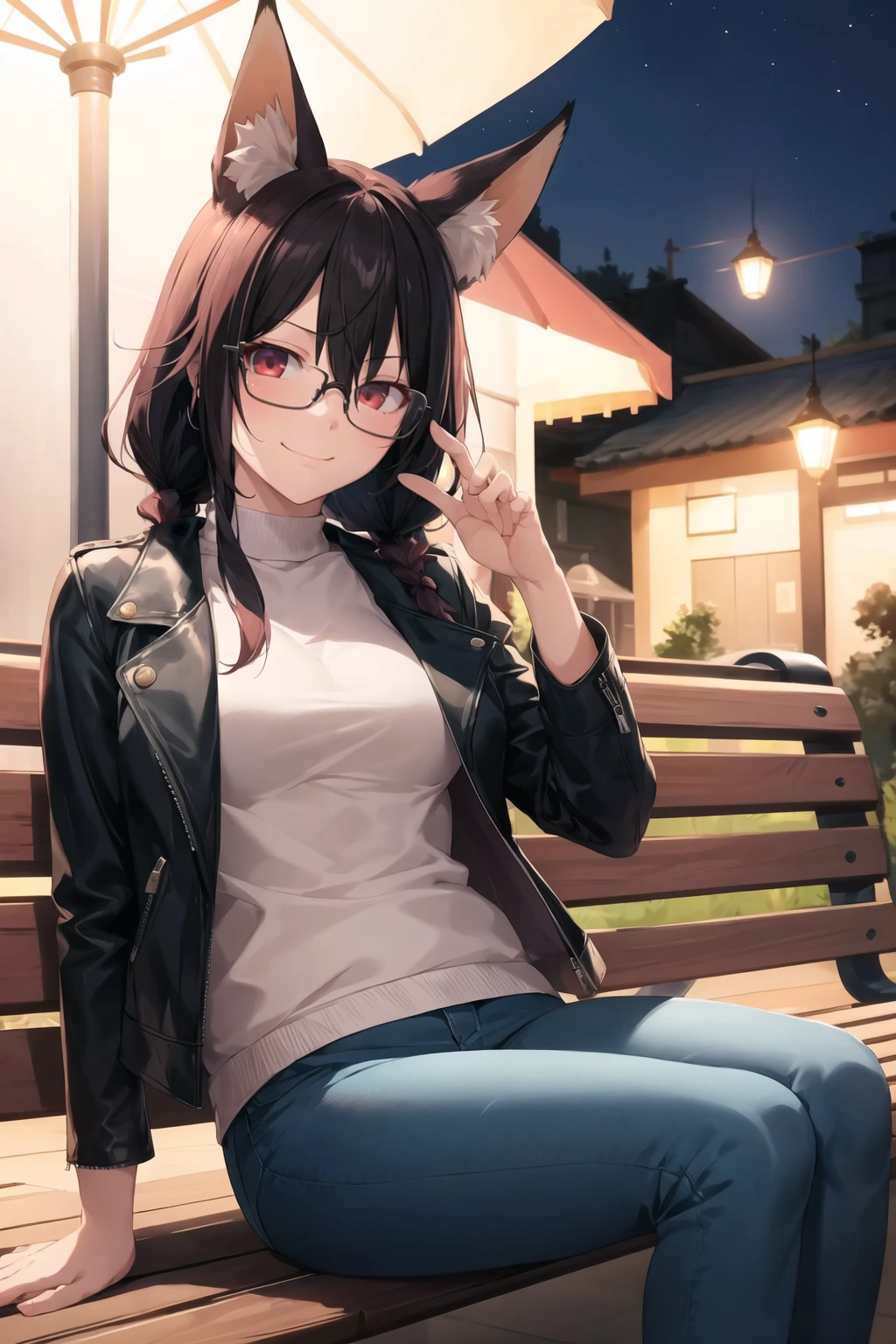 1girl, solo, sidelocks, twinbraids, (black hair), red eyes, smug, smirk, glasses, sitting, bench, partk, at night, long hair, white sweater, (leather jacket), (black jacket:1.2), fox girl, fox ears, fox tail, jeans, black tail,  <lora:Karory-Style_1150496:1>